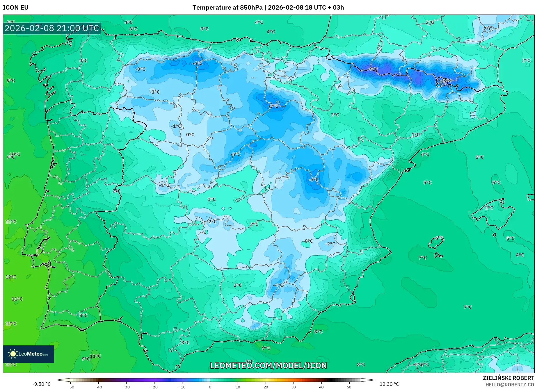 ICON model - Spain, Temperature at 850hPa