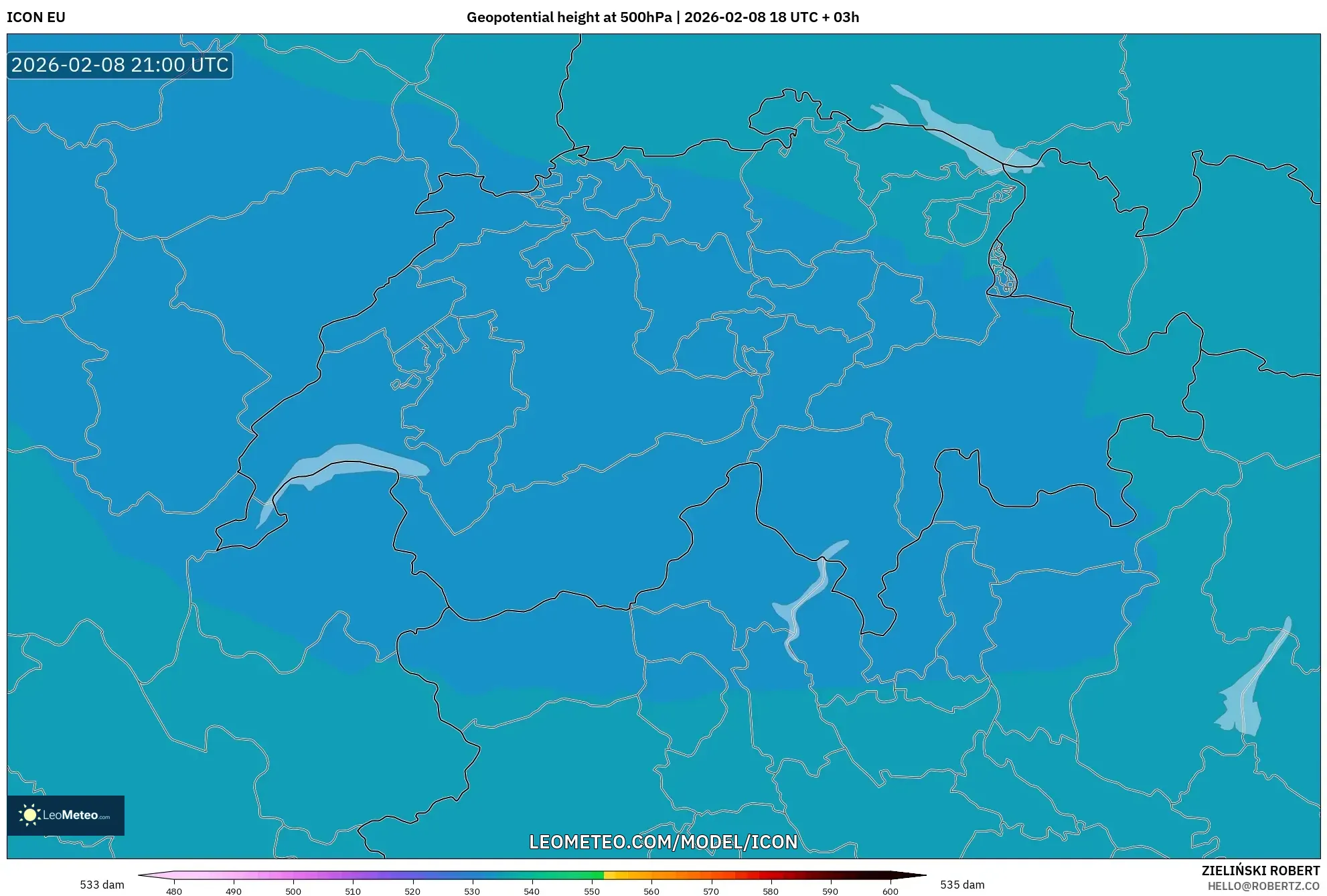 ICON model - Switzerland, Geopotential height at 500hPa