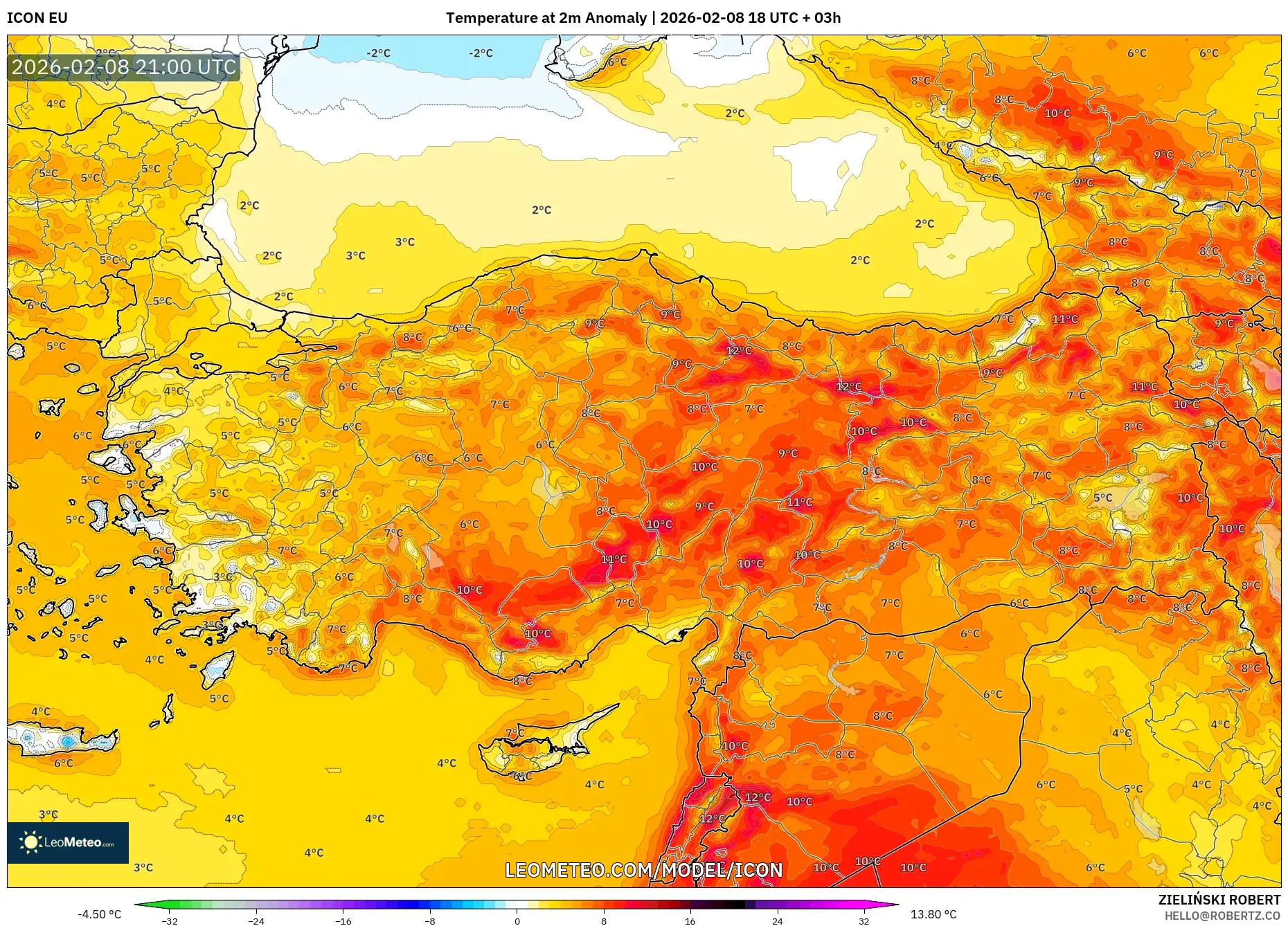 ICON model - Turkey, Temperature at 2m Anomaly