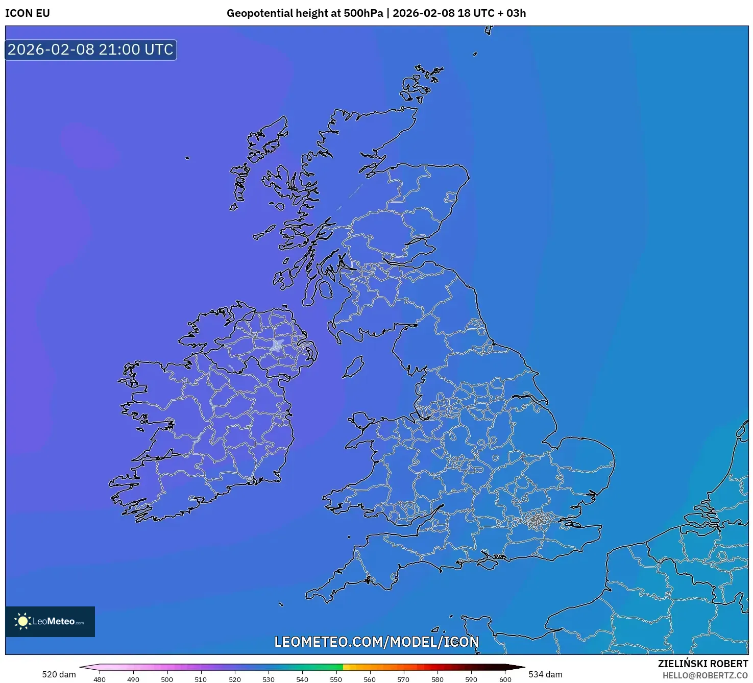 ICON model - United Kingdom, Geopotential height at 500hPa