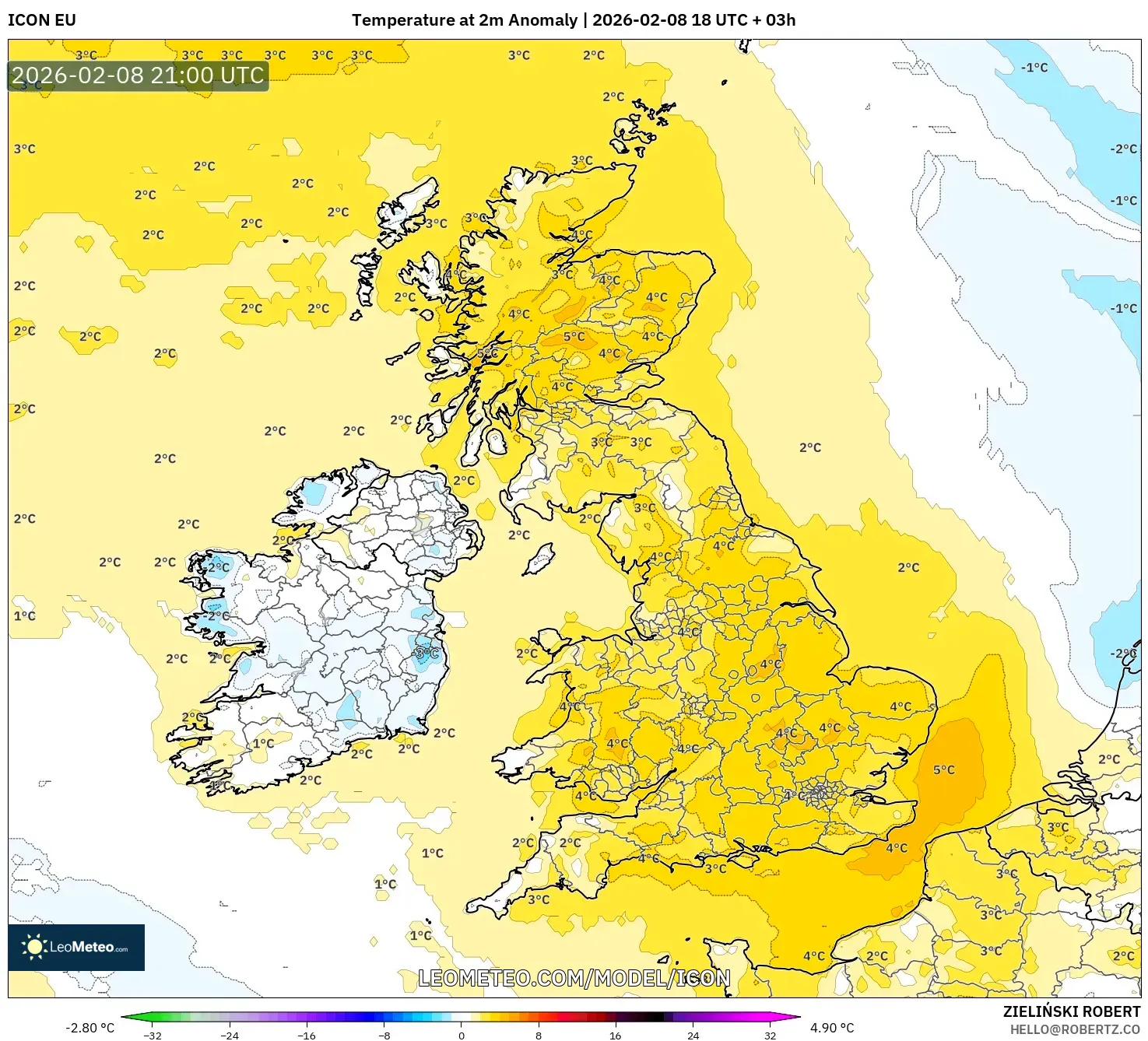 ICON model - United Kingdom, Temperature at 2m Anomaly