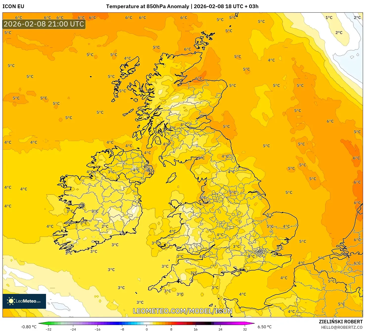 ICON model - United Kingdom, Temperature at 850hPa Anomaly