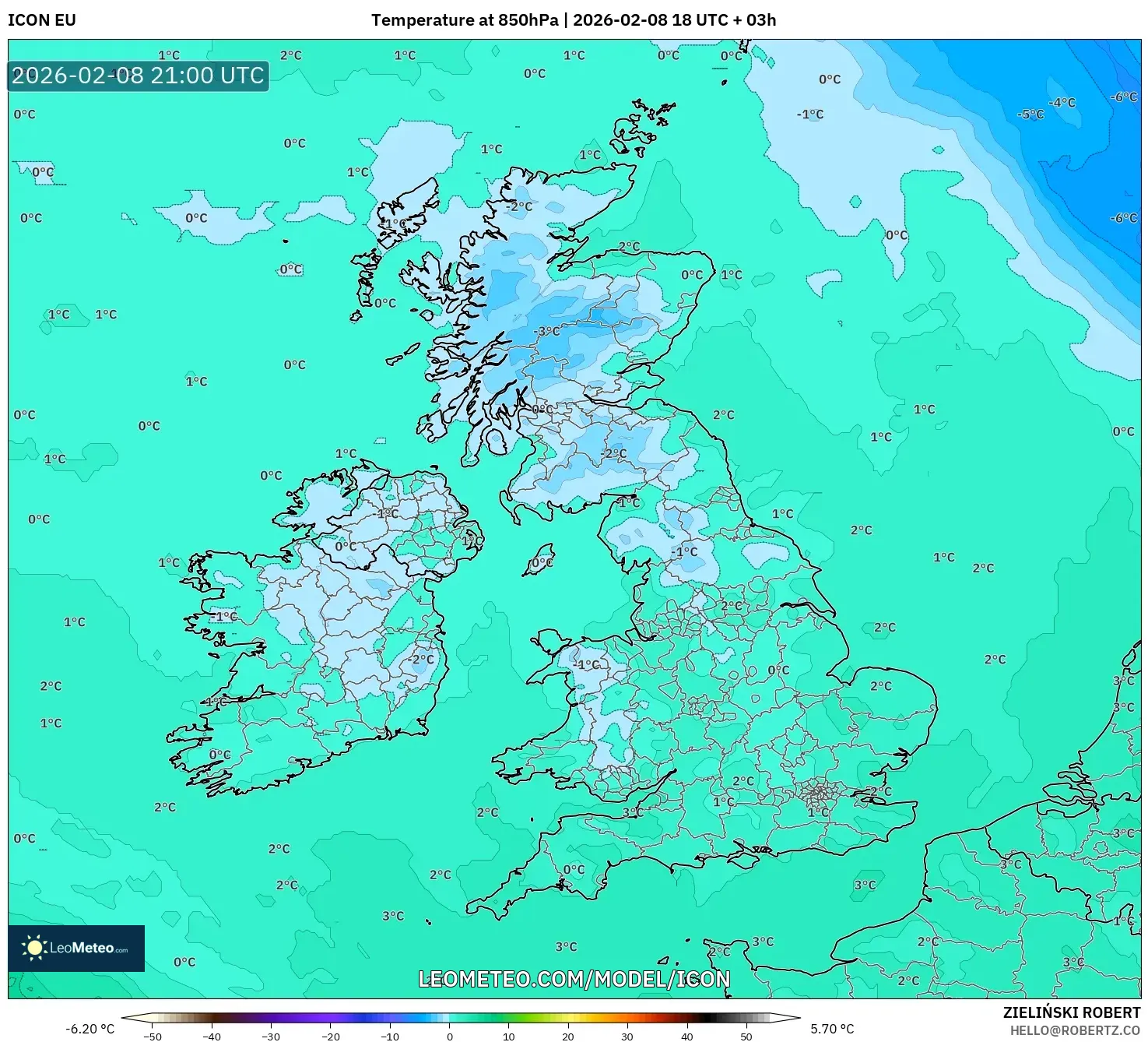 ICON model - Britania Raya, Suhu 850 hPa