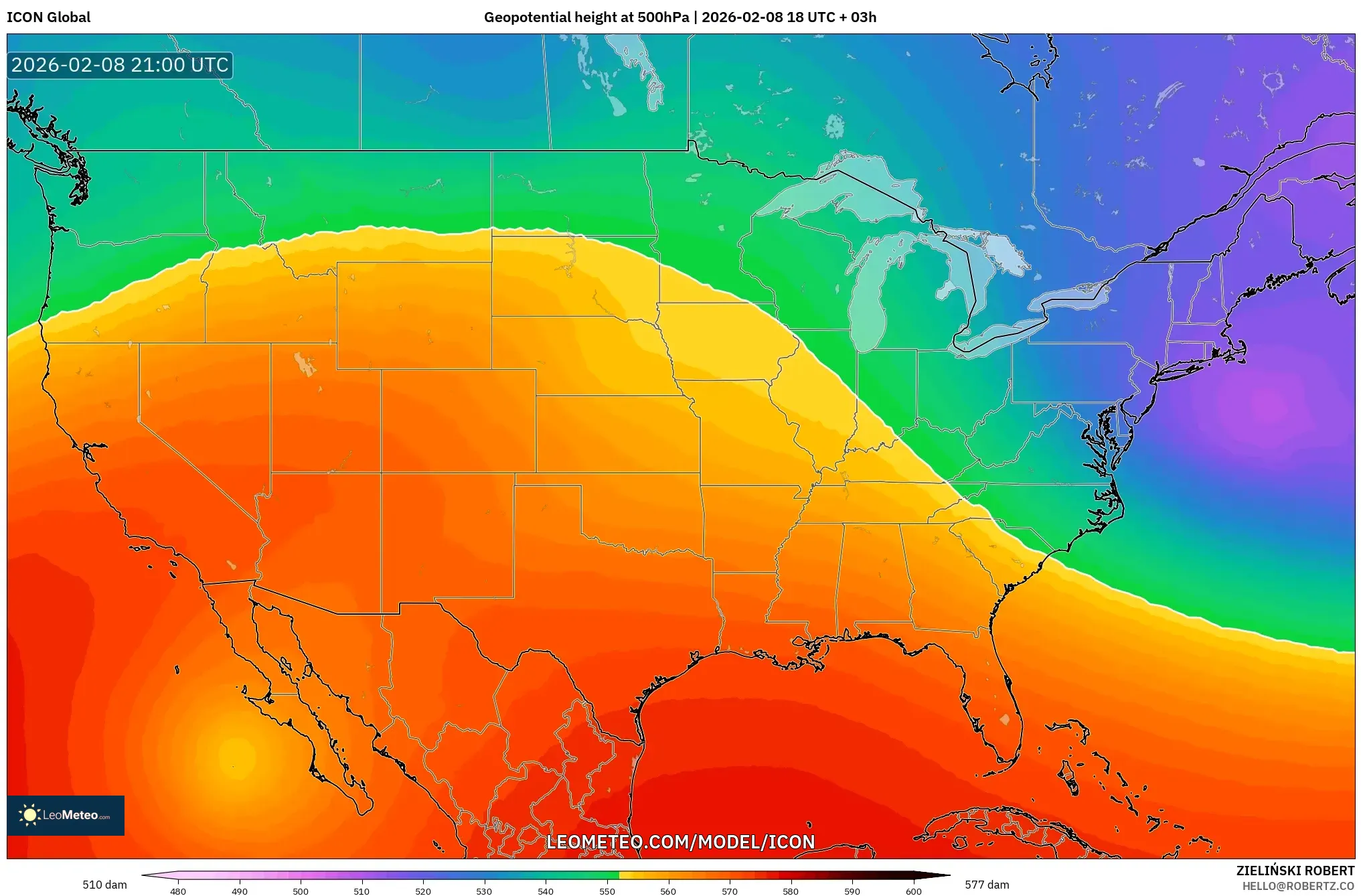 ICON model - United States, Geopotential height at 500hPa