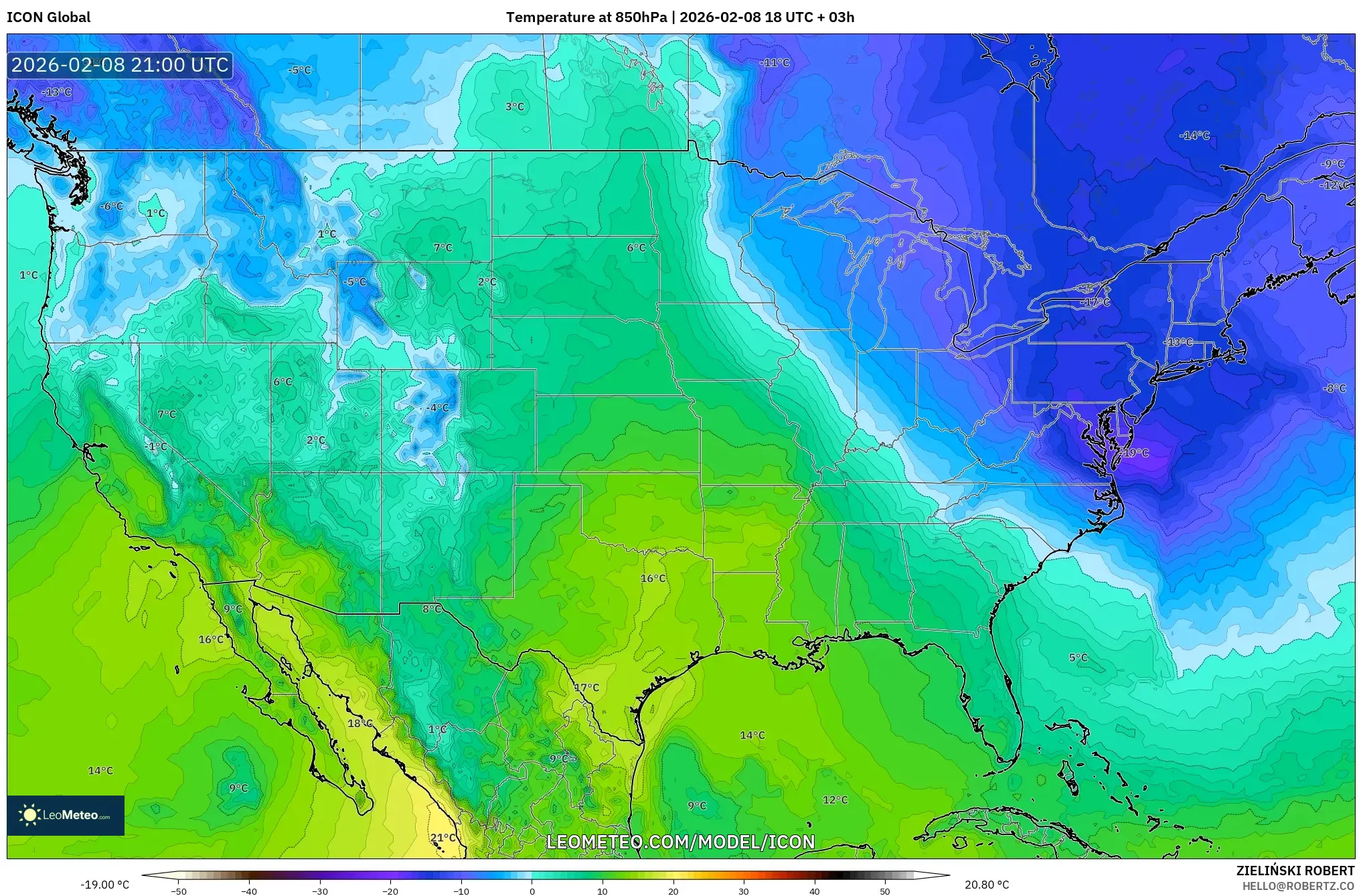 ICON model - United States, Temperature at 850hPa