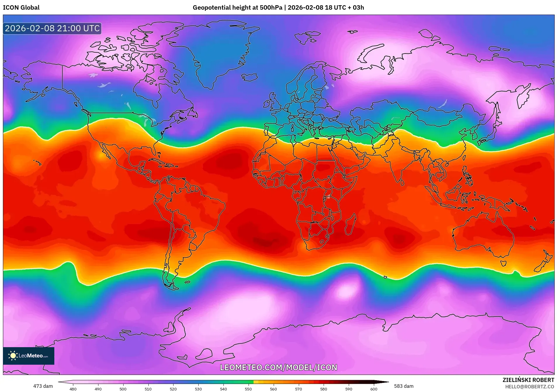 ICON model - World, Geopotential height at 500hPa