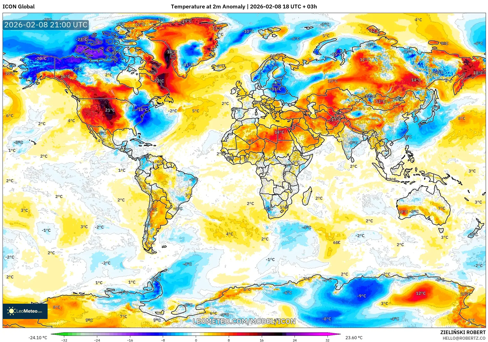 ICON model - World, Temperature at 2m Anomaly