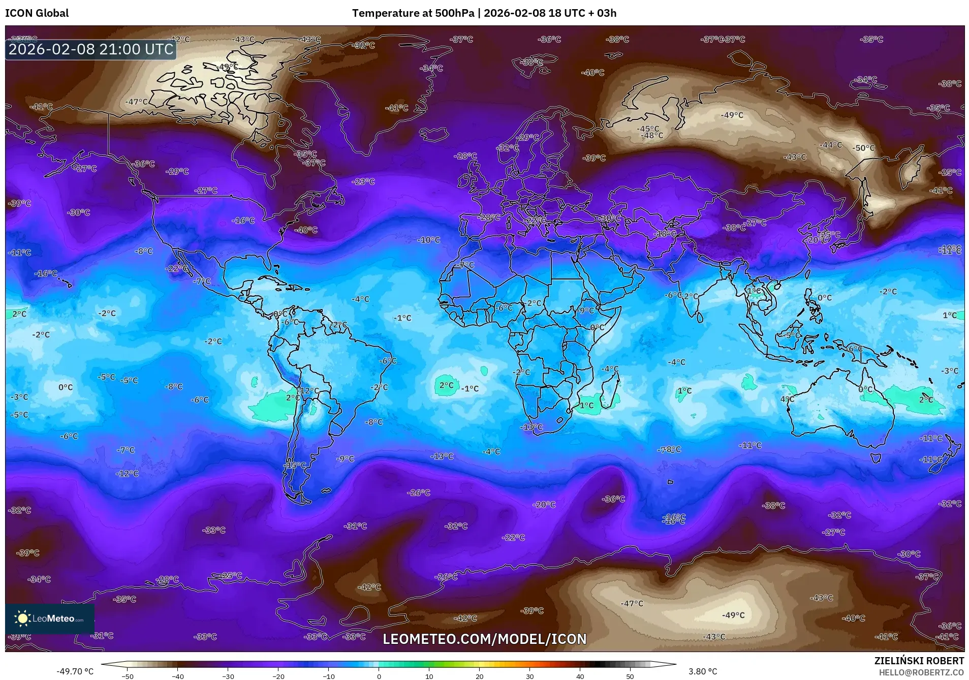 ICON model - World, Temperature at 500hPa