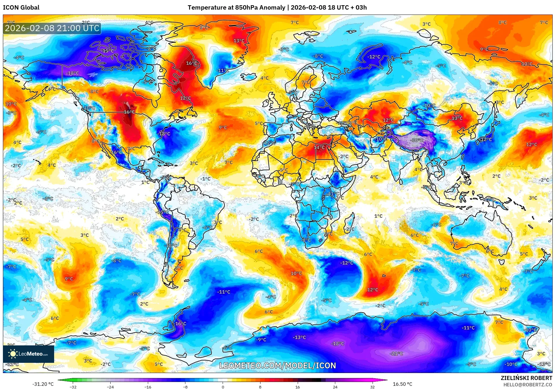 ICON model - World, Temperature at 850hPa Anomaly