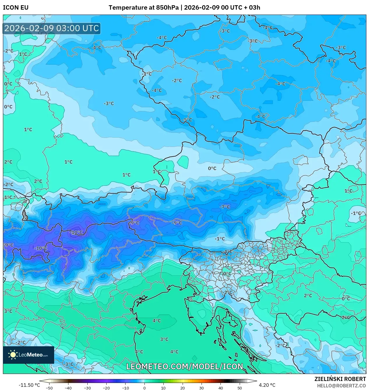 ICON model - Austria, Suhu 850 hPa