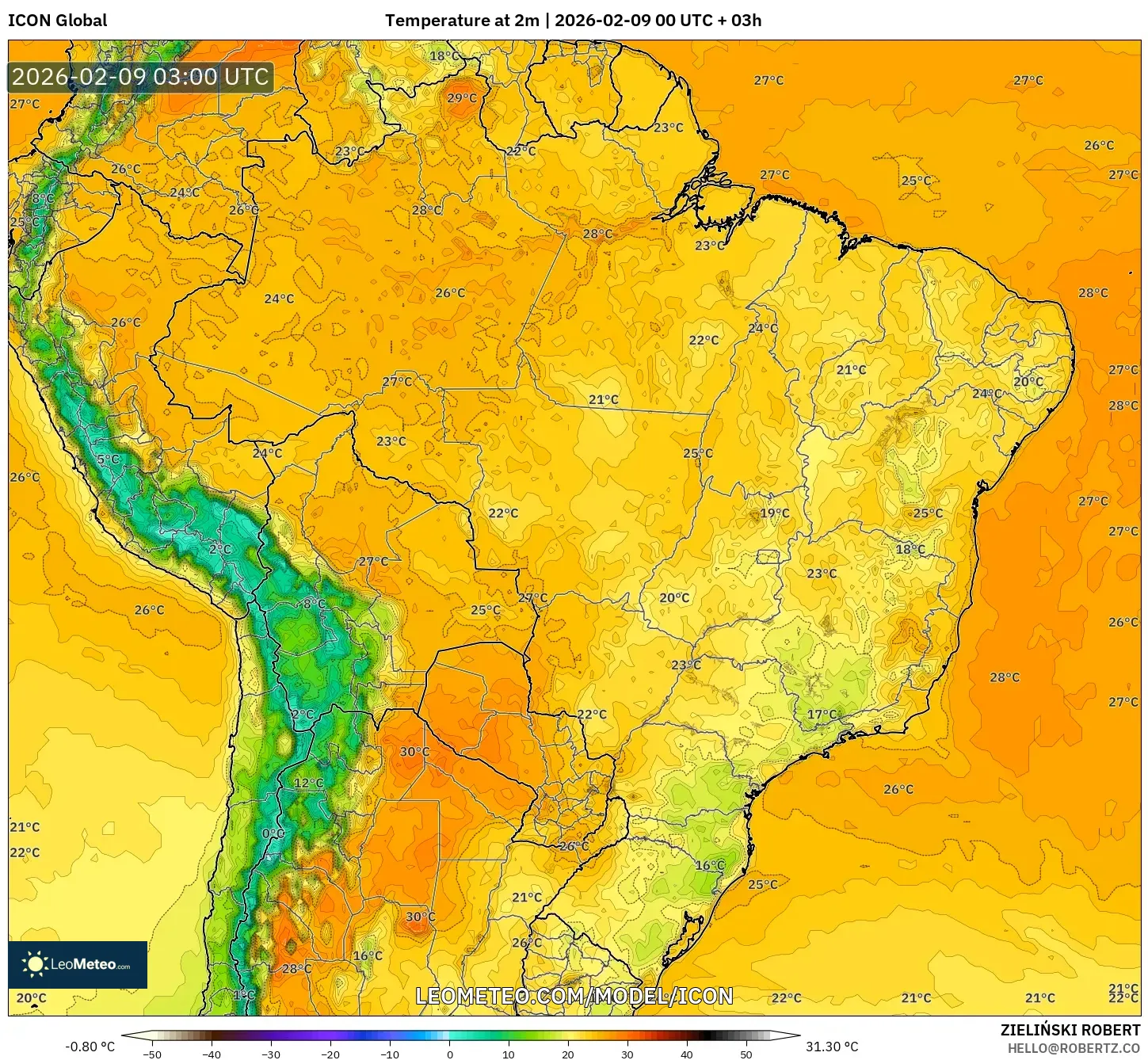ICON model - Brazil, Suhu pada 2 m