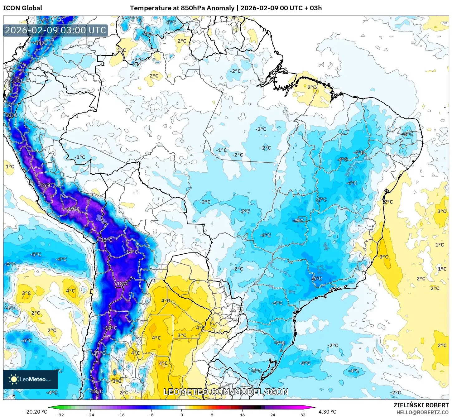 ICON model - Brazil, Anomali Suhu 850 hPa