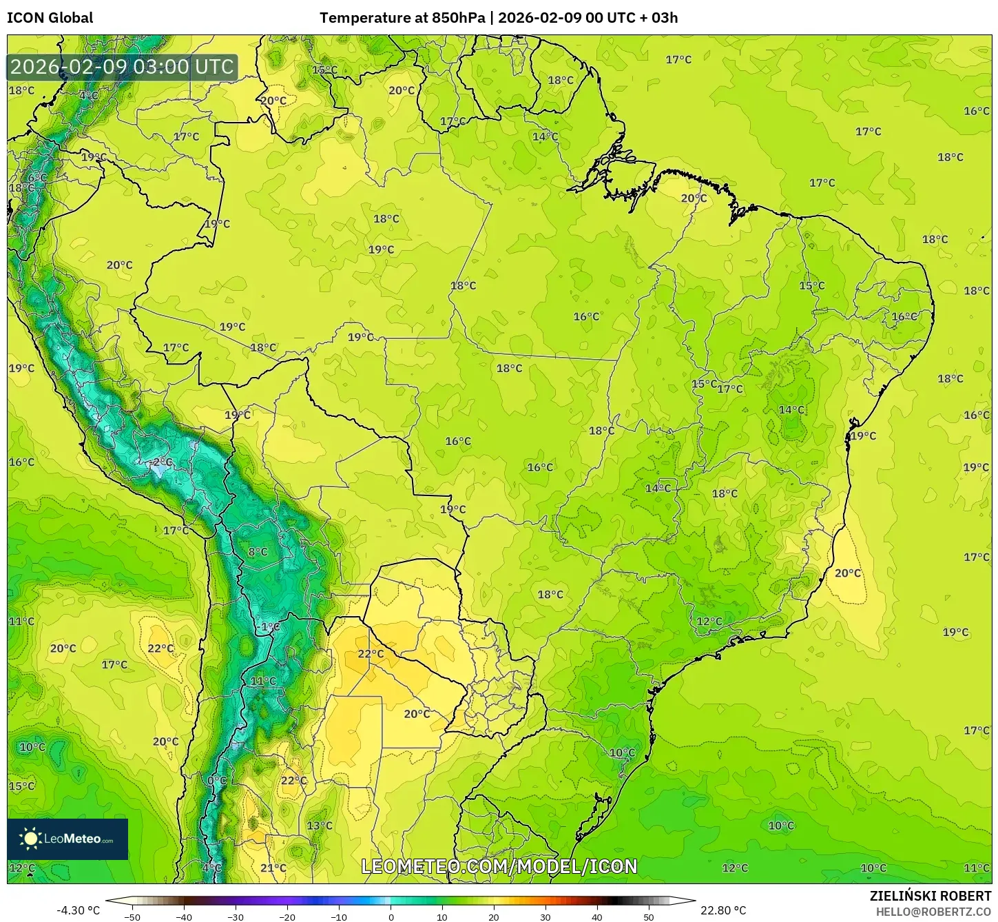 ICON model - Brazil, Suhu 850 hPa