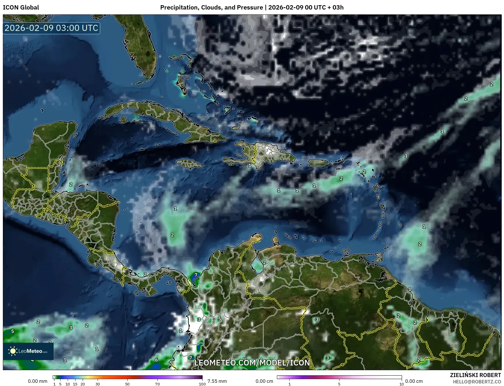 ICON model - Karibia, Hujan, Awan dan Tekanan