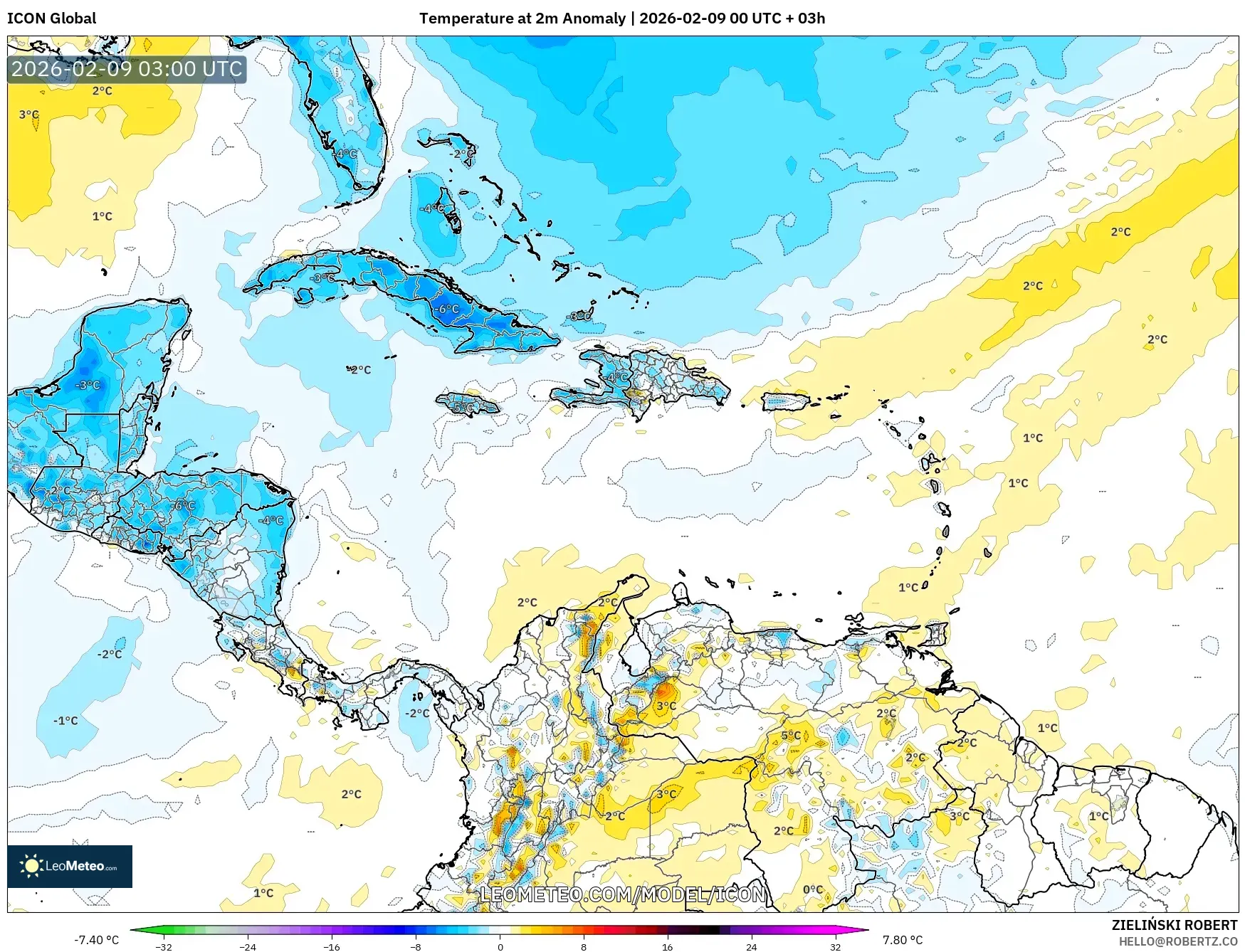ICON model - Karibia, Anomali Suhu 2 m