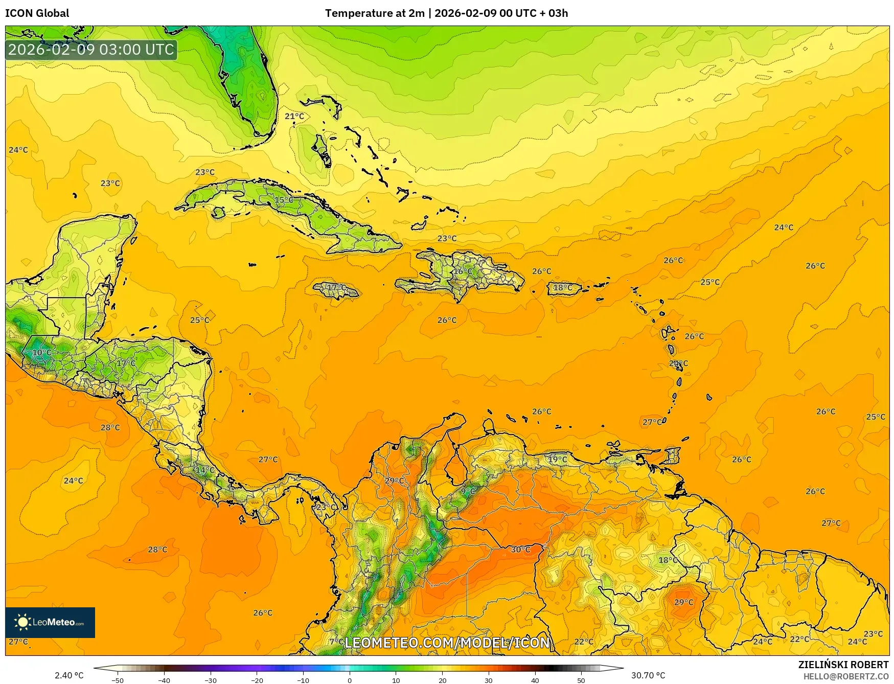 ICON model - Karibia, Suhu pada 2 m
