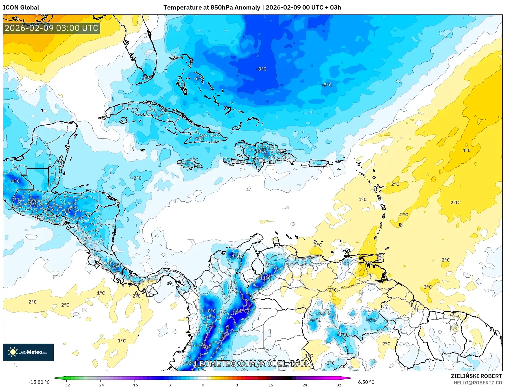 ICON model - Karibia, Anomali Suhu 850 hPa