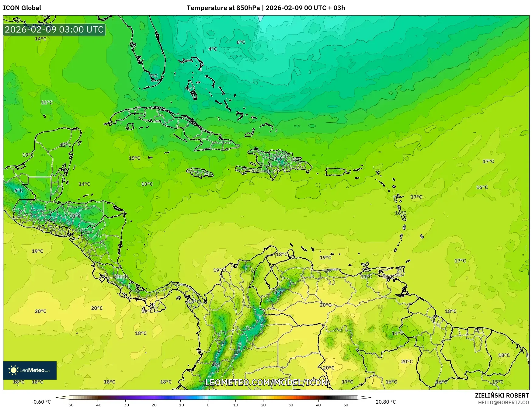 ICON model - Karibia, Suhu 850 hPa