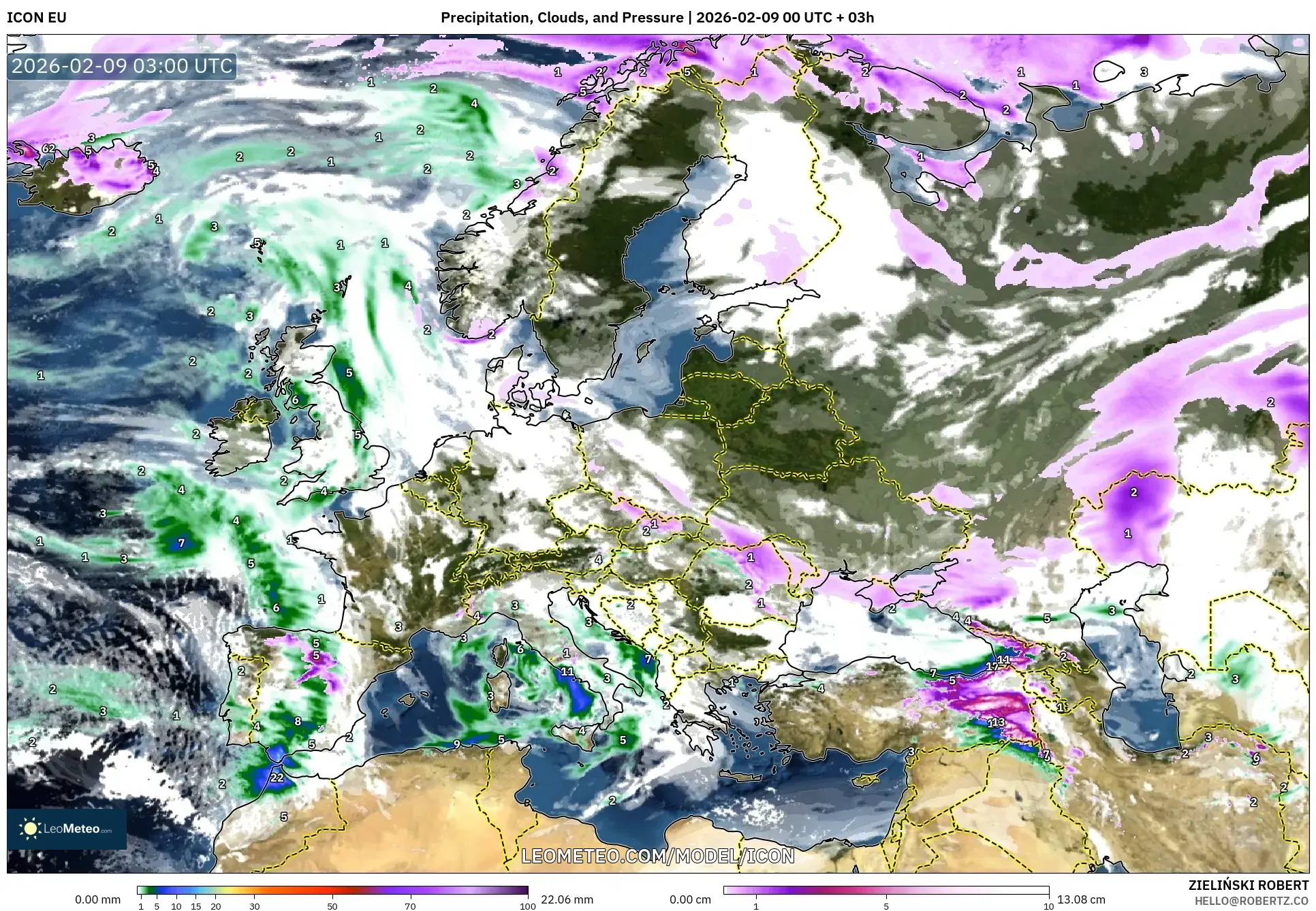 ICON model - Eropah, Hujan, Awan dan Tekanan