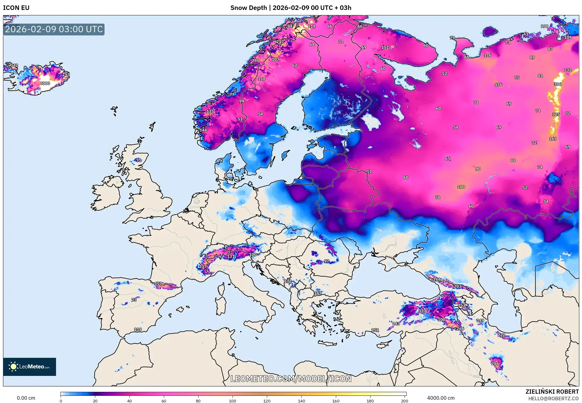 ICON model - Eropah, Ketebalan Salji