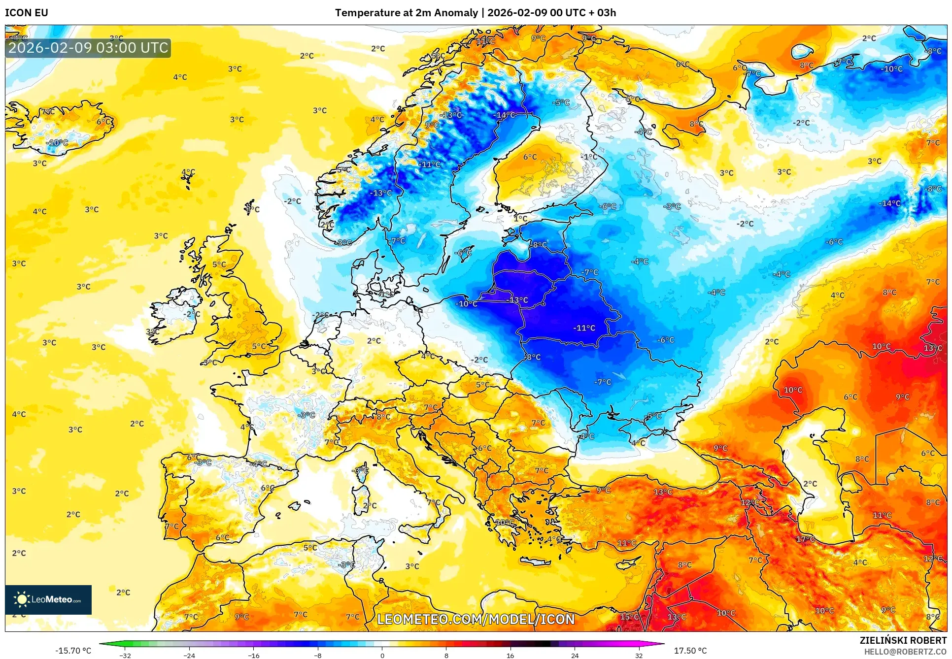 ICON model - Eropah, Anomali Suhu 2 m