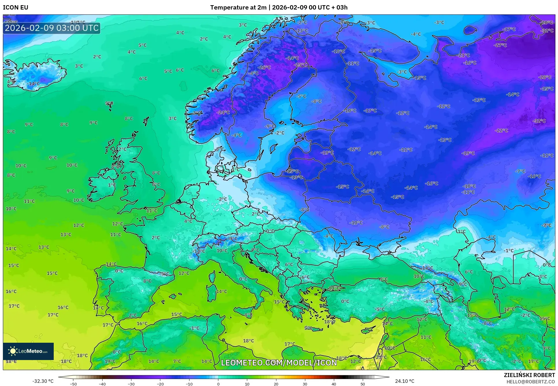 ICON model - Eropah, Suhu pada 2 m