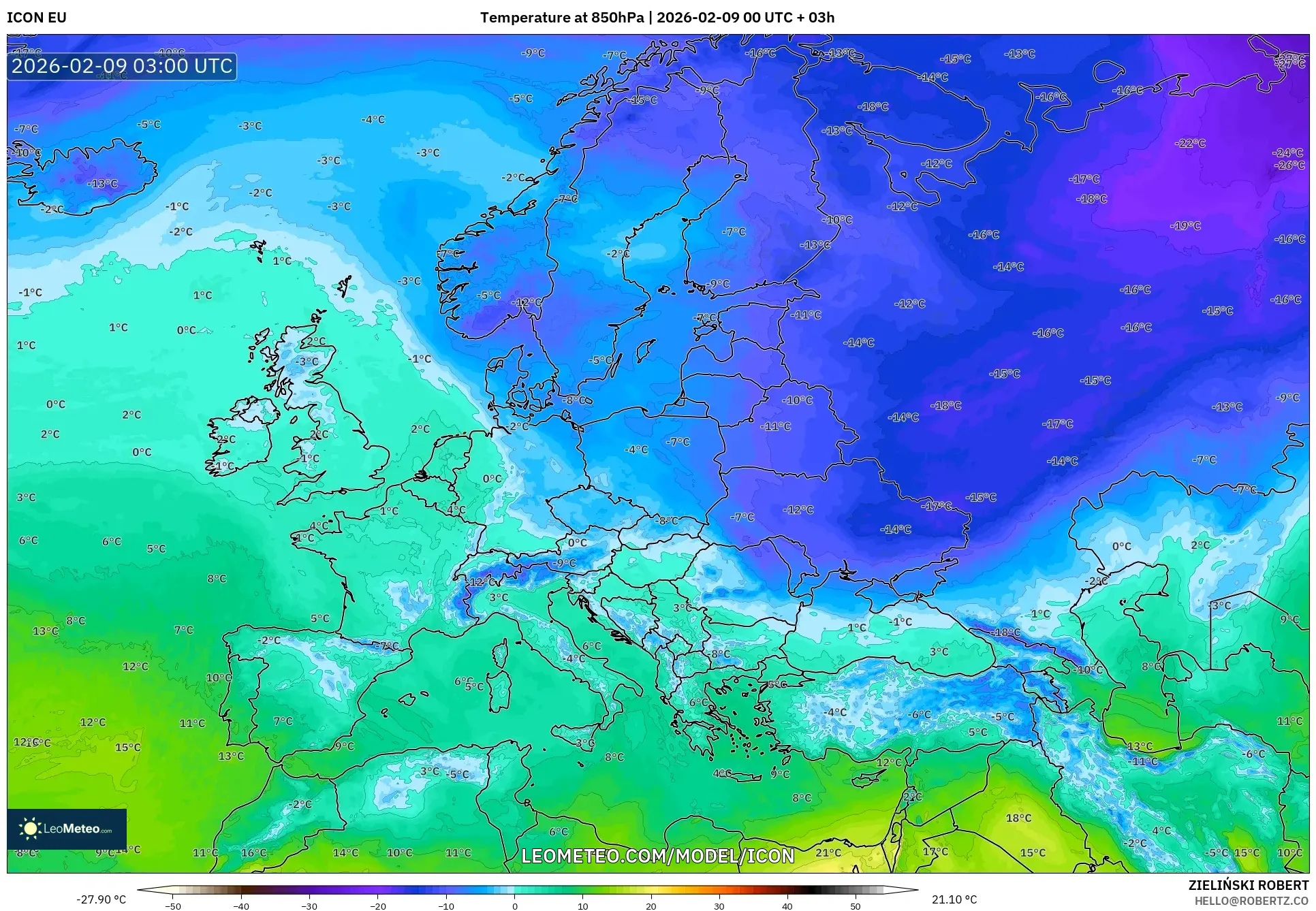 ICON model - Eropah, Suhu 850 hPa