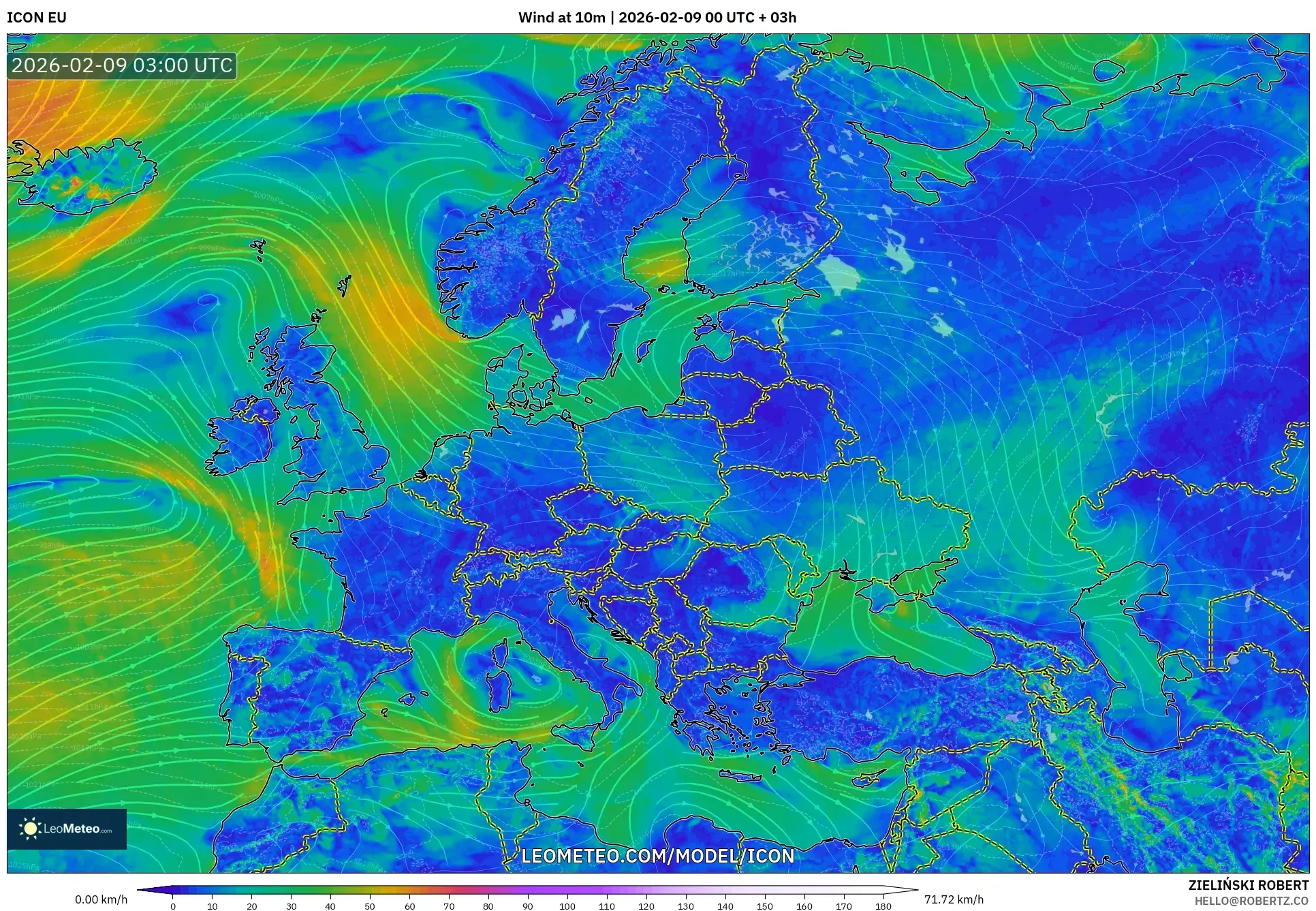 ICON model - Eropah, Angin 10 m
