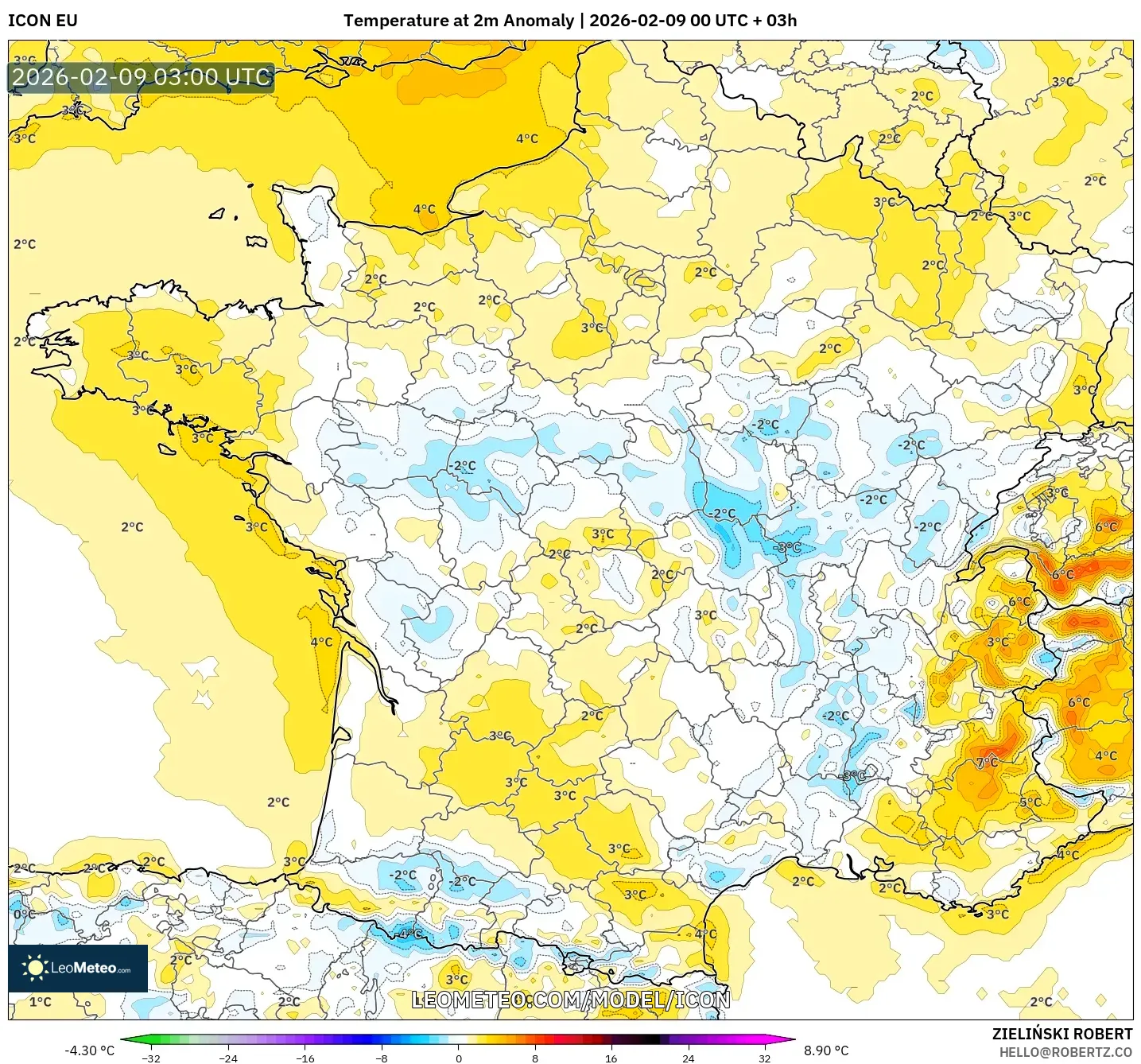 ICON model - Perancis, Anomali Suhu 2 m