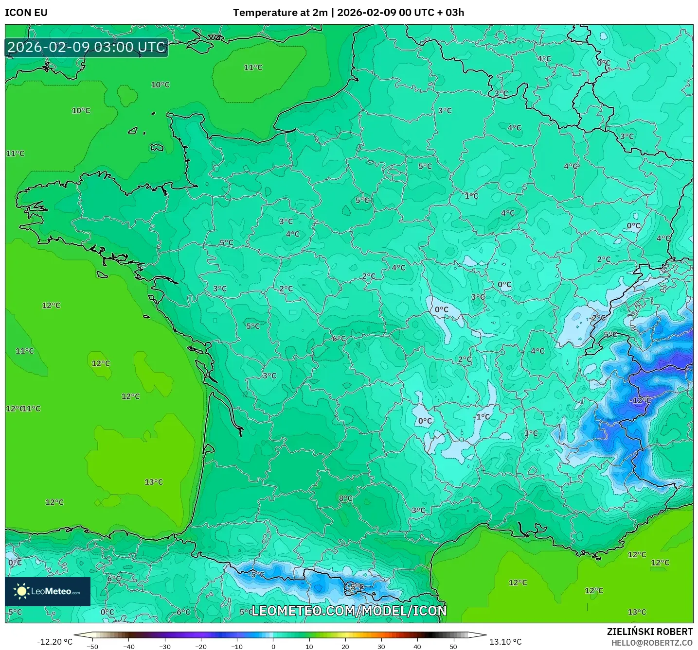 ICON model - Perancis, Suhu pada 2 m