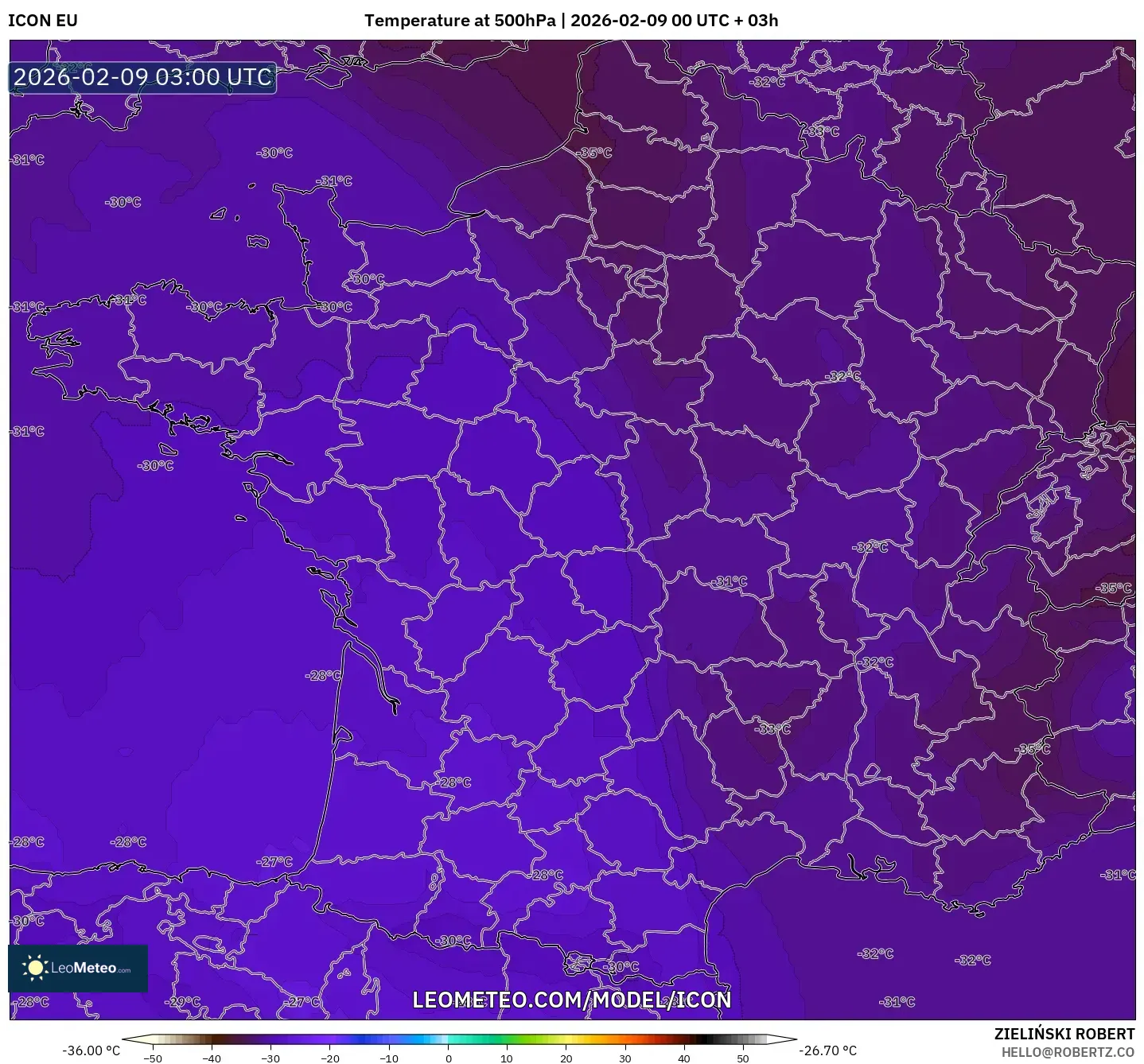 ICON model - Perancis, Suhu 500 hPa