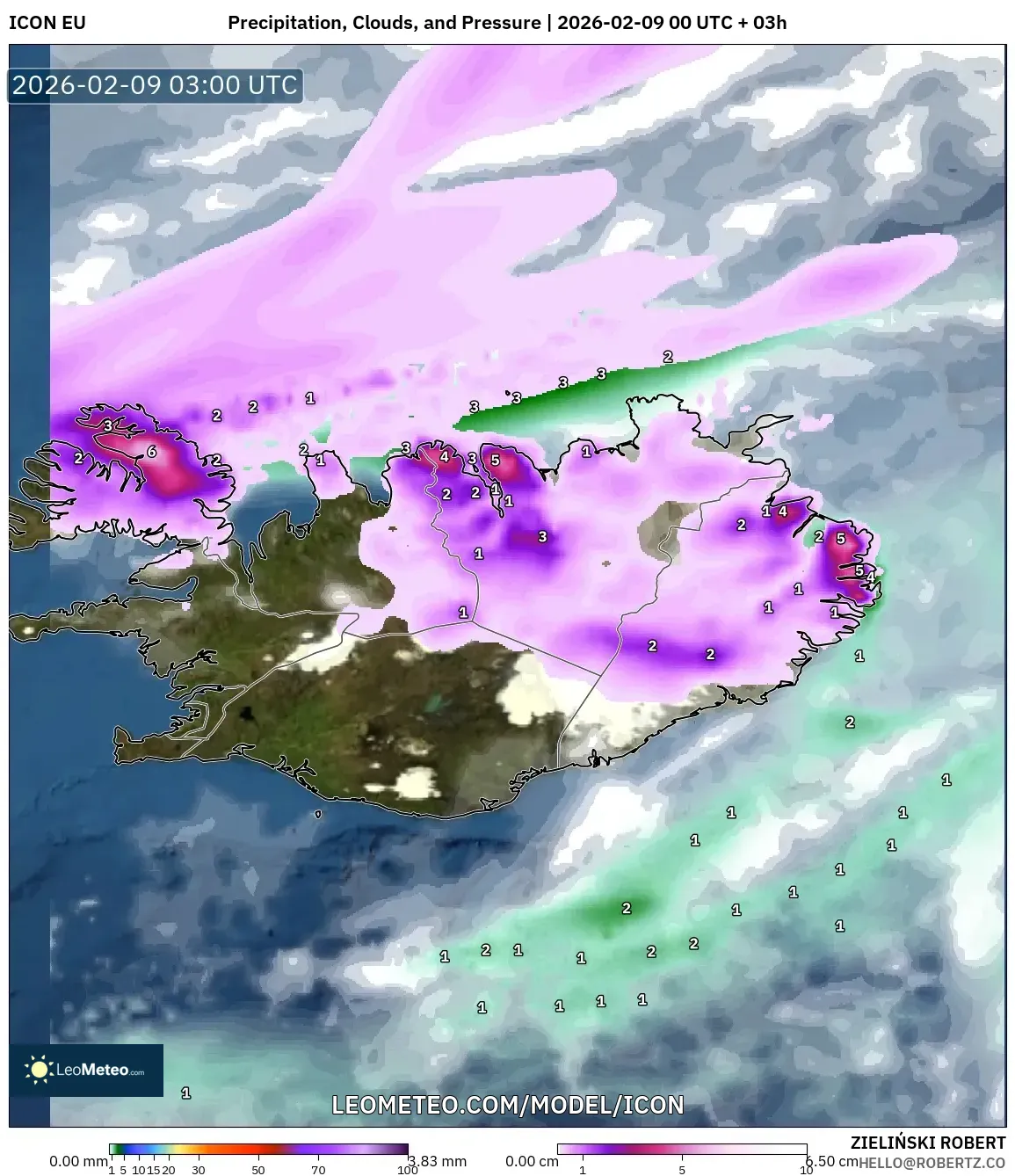 ICON model - Iceland, Hujan, Awan dan Tekanan