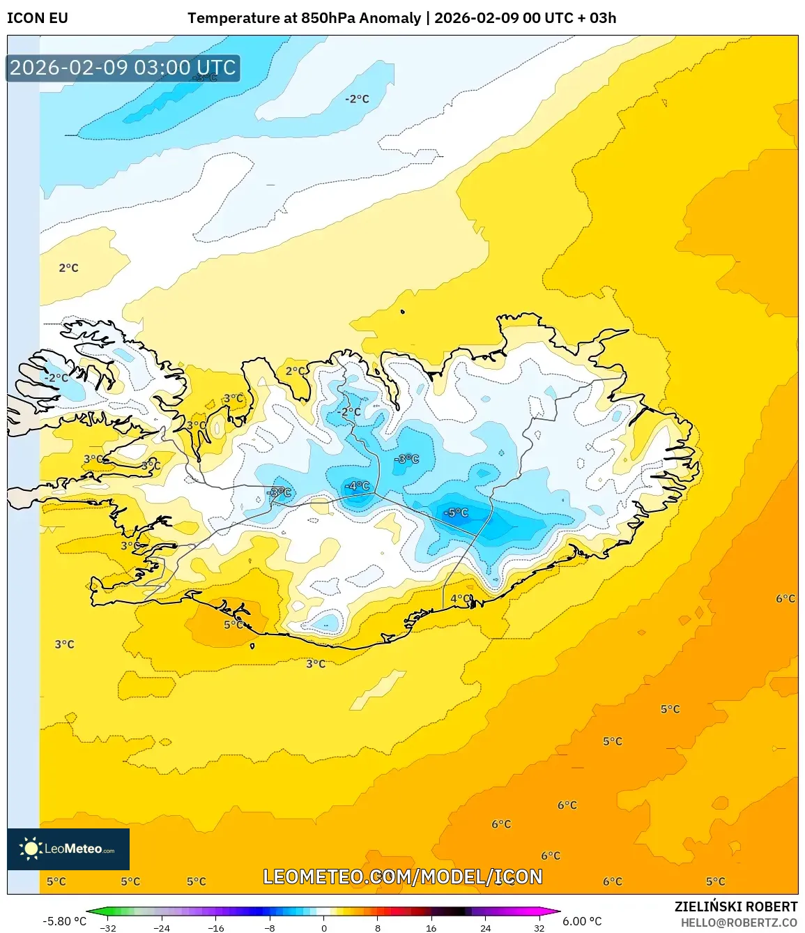 ICON model - Iceland, Anomali Suhu 850 hPa