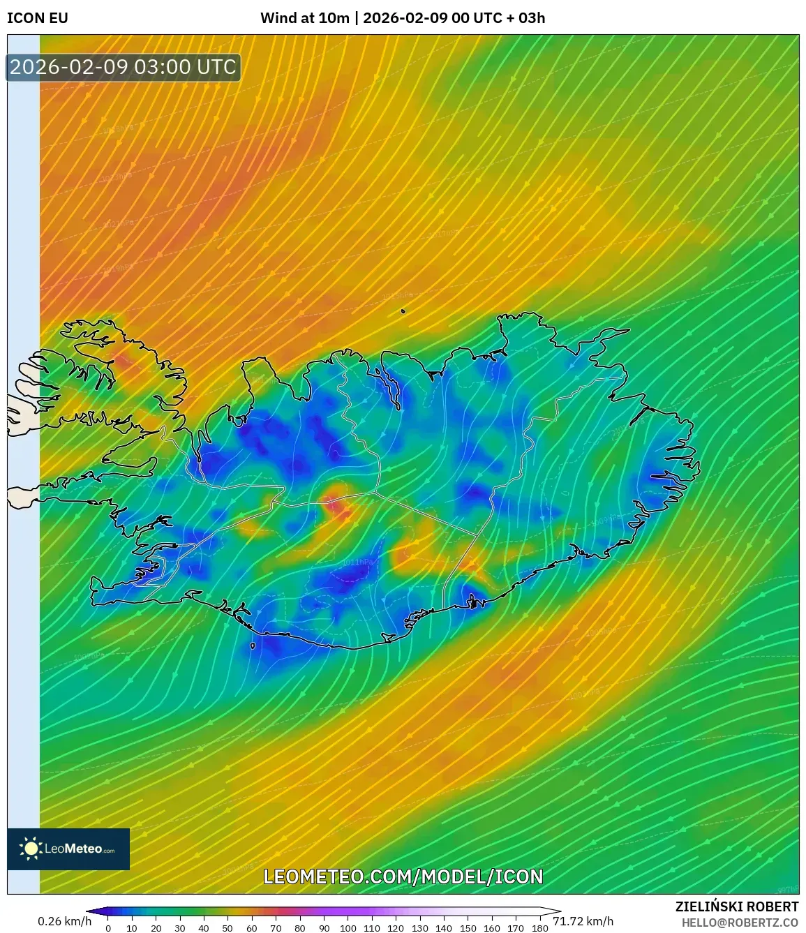 ICON model - Iceland, Angin 10 m