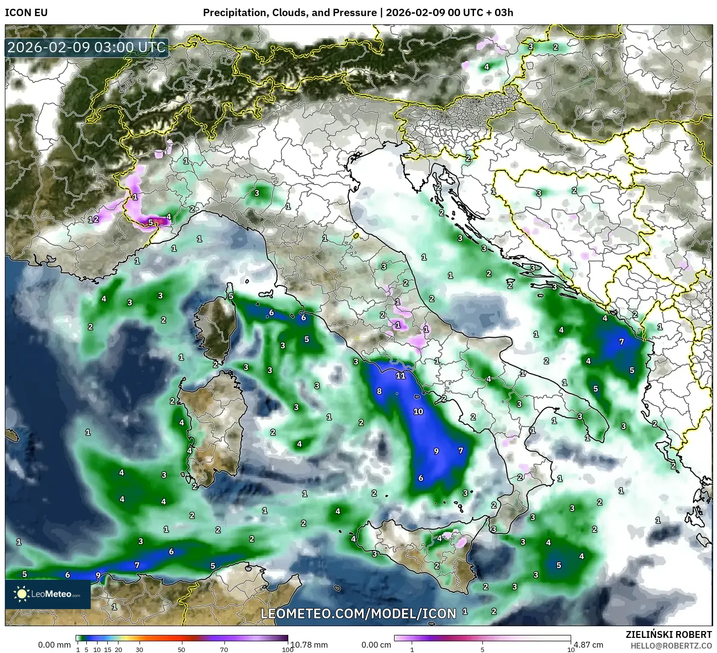 ICON model - Itali, Hujan, Awan dan Tekanan