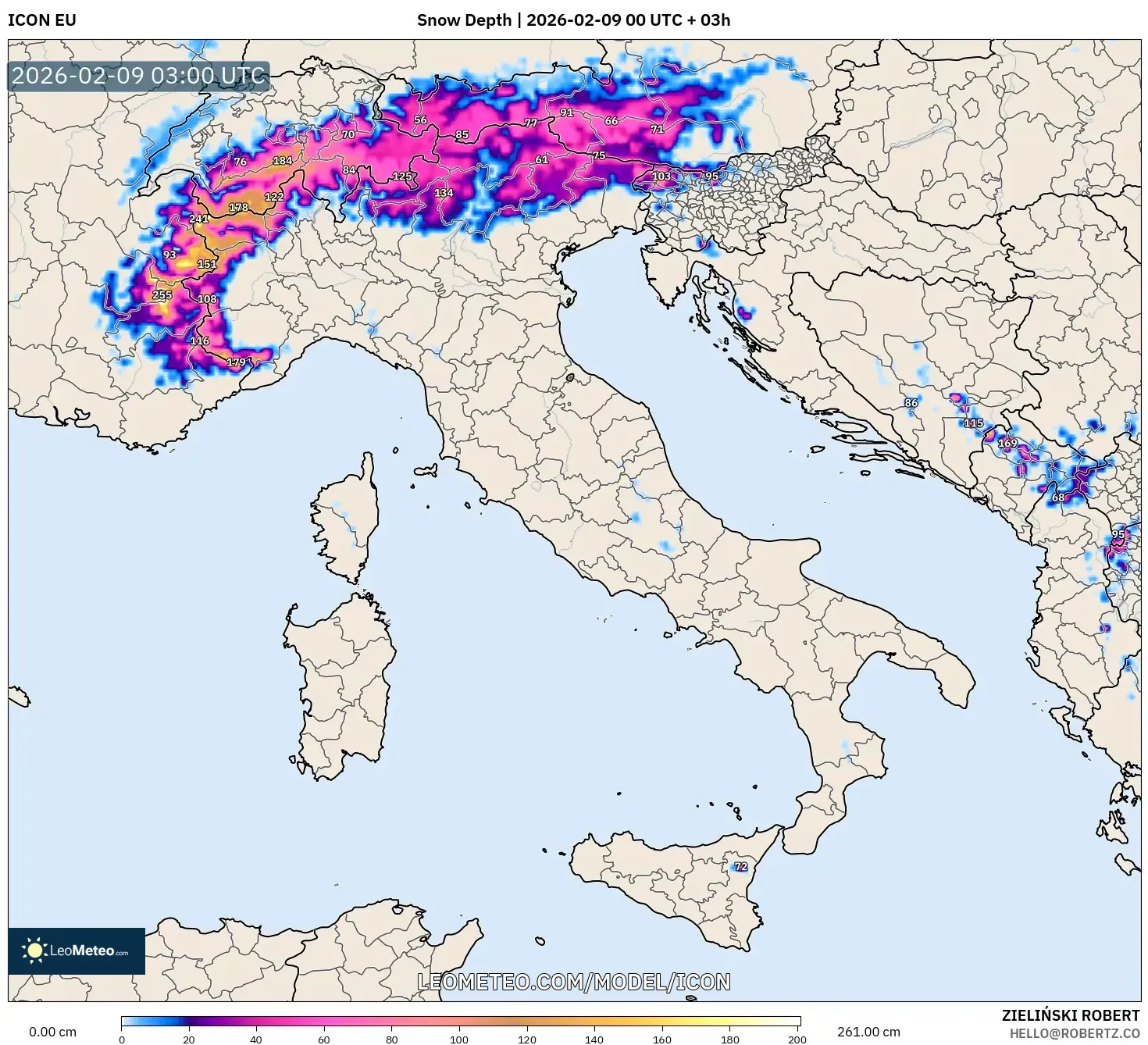 ICON model - Itali, Ketebalan Salji