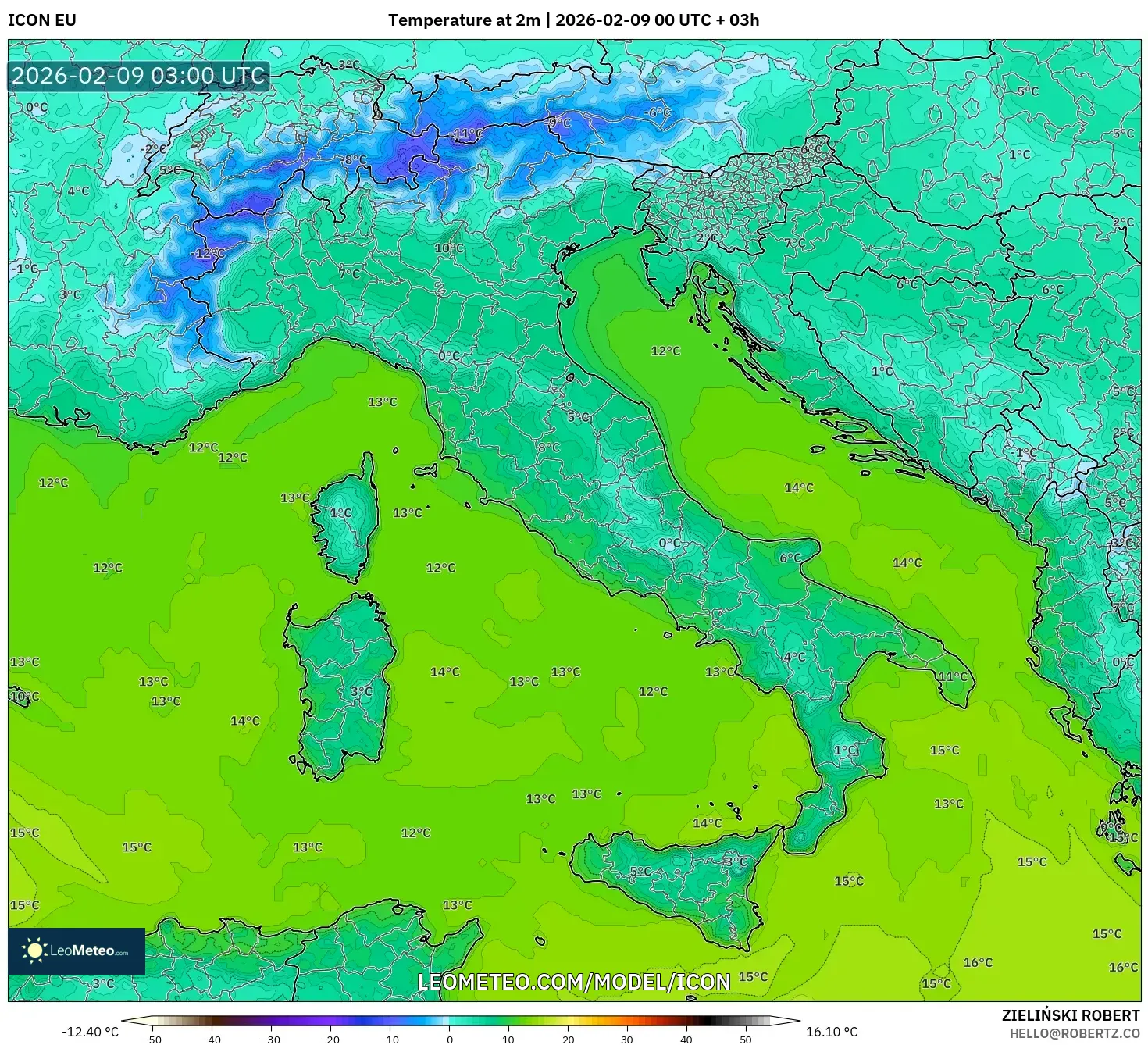 ICON model - Itali, Suhu pada 2 m