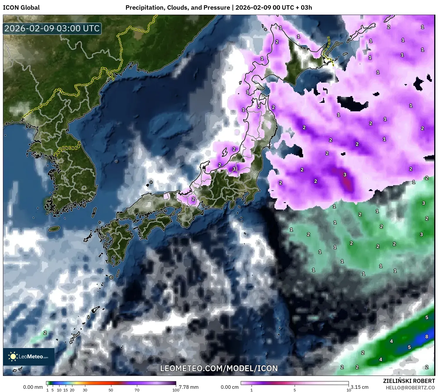 ICON model - Jepun, Hujan, Awan dan Tekanan