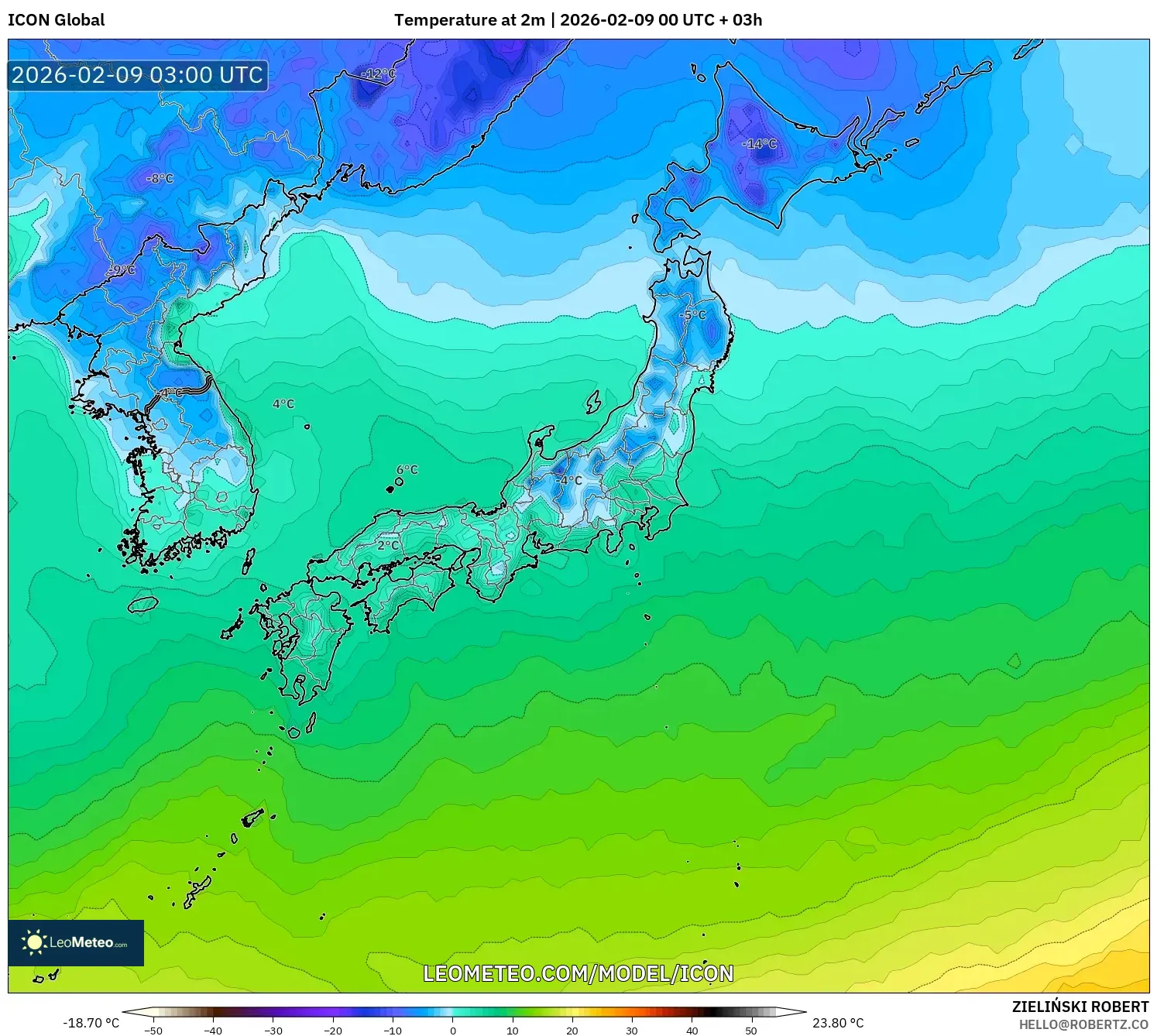 ICON model - Jepun, Suhu pada 2 m