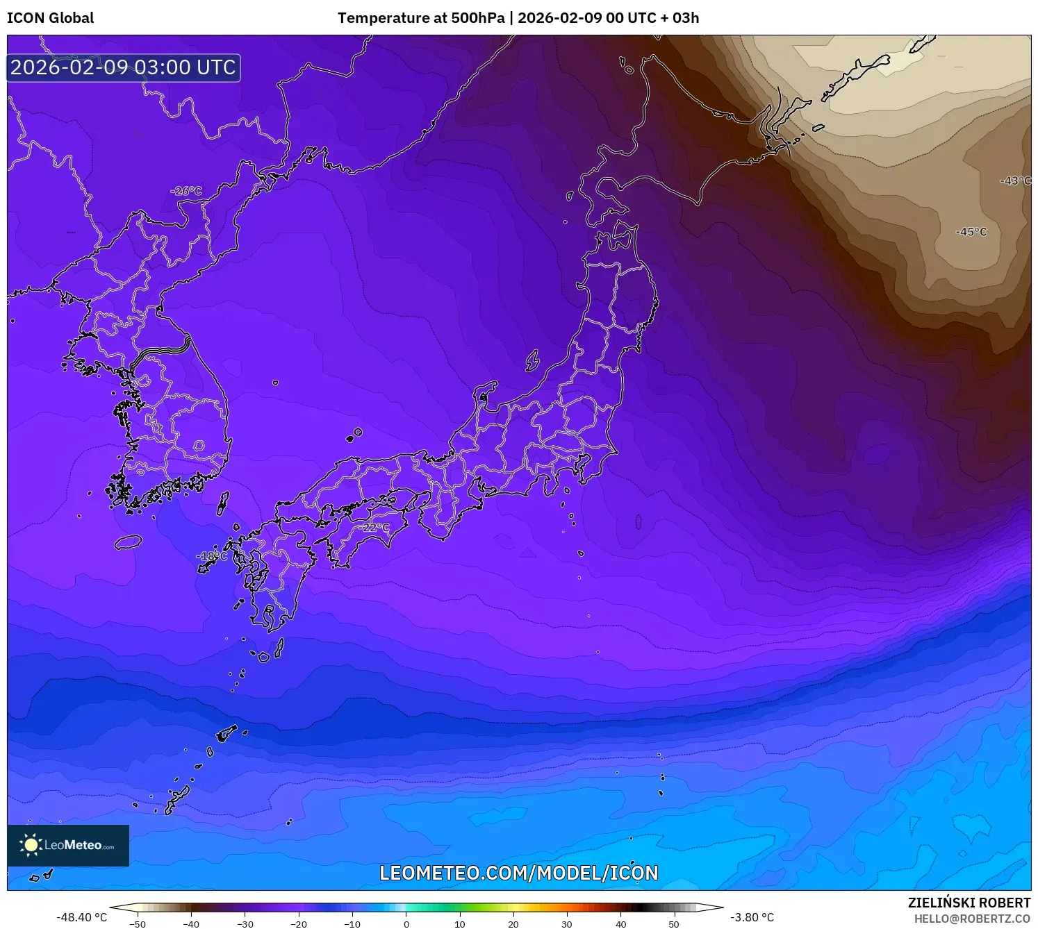 ICON model - Jepun, Suhu 500 hPa