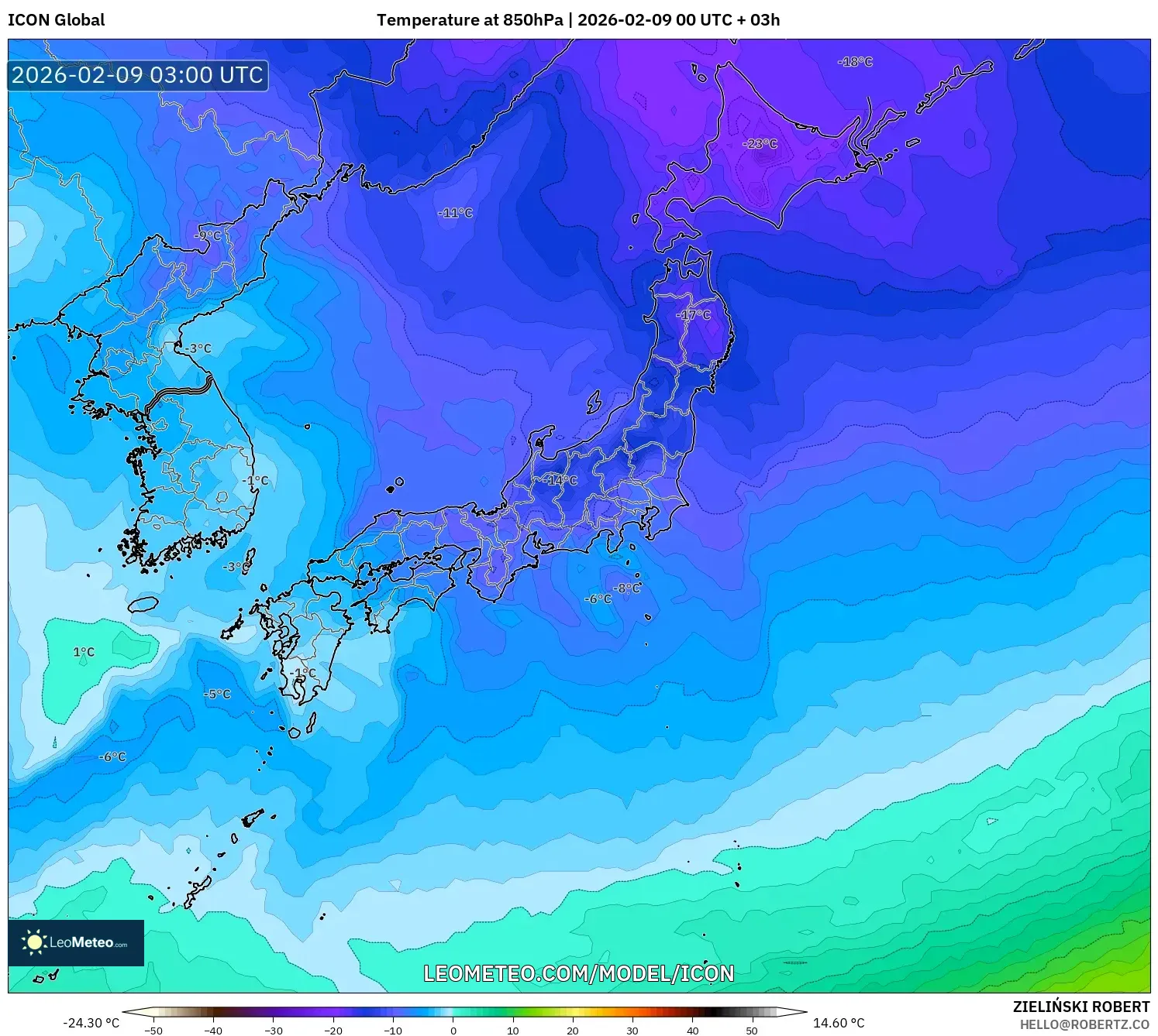ICON model - Jepun, Suhu 850 hPa