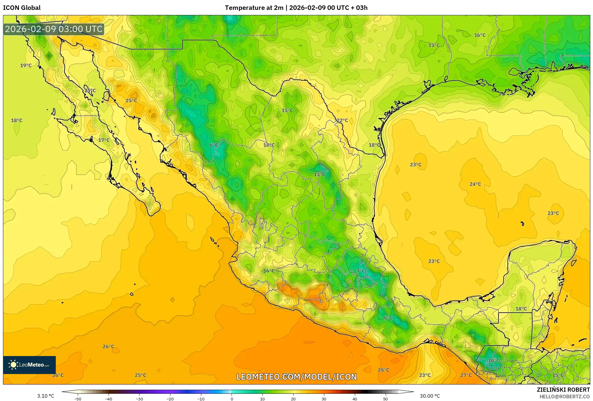 ICON model - Mexico, Suhu pada 2 m