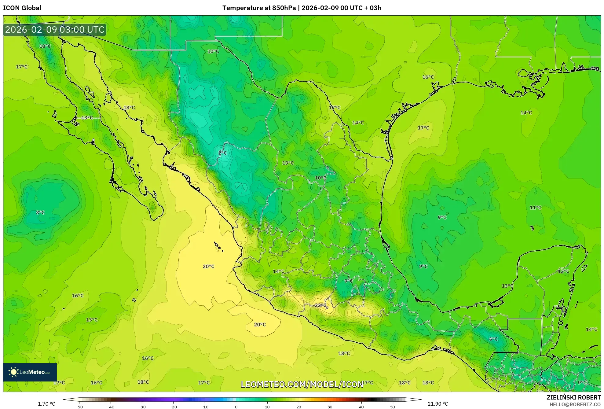 ICON model - Mexico, Suhu 850 hPa