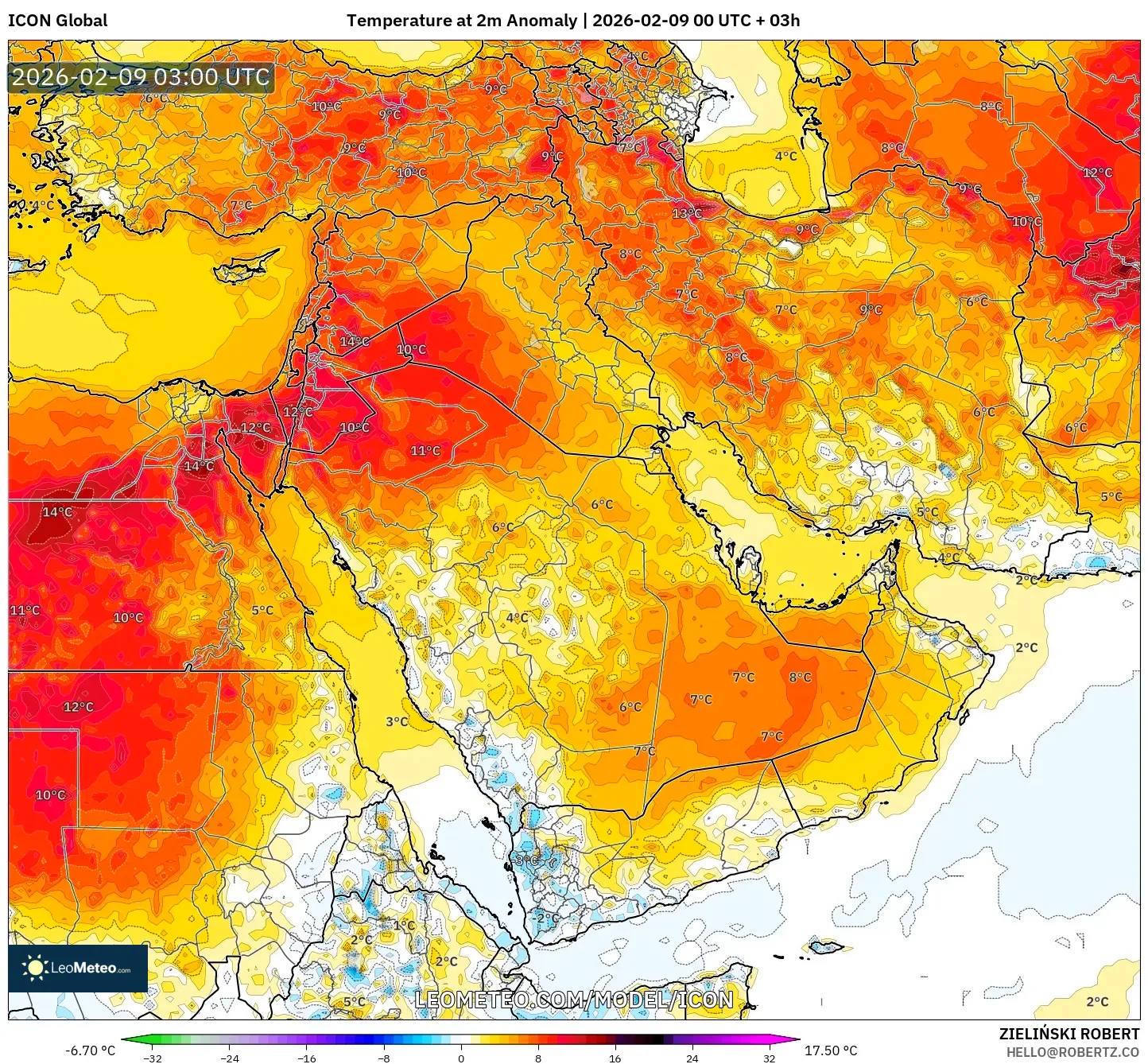 ICON model - Timur Tengah, Anomali Suhu 2 m