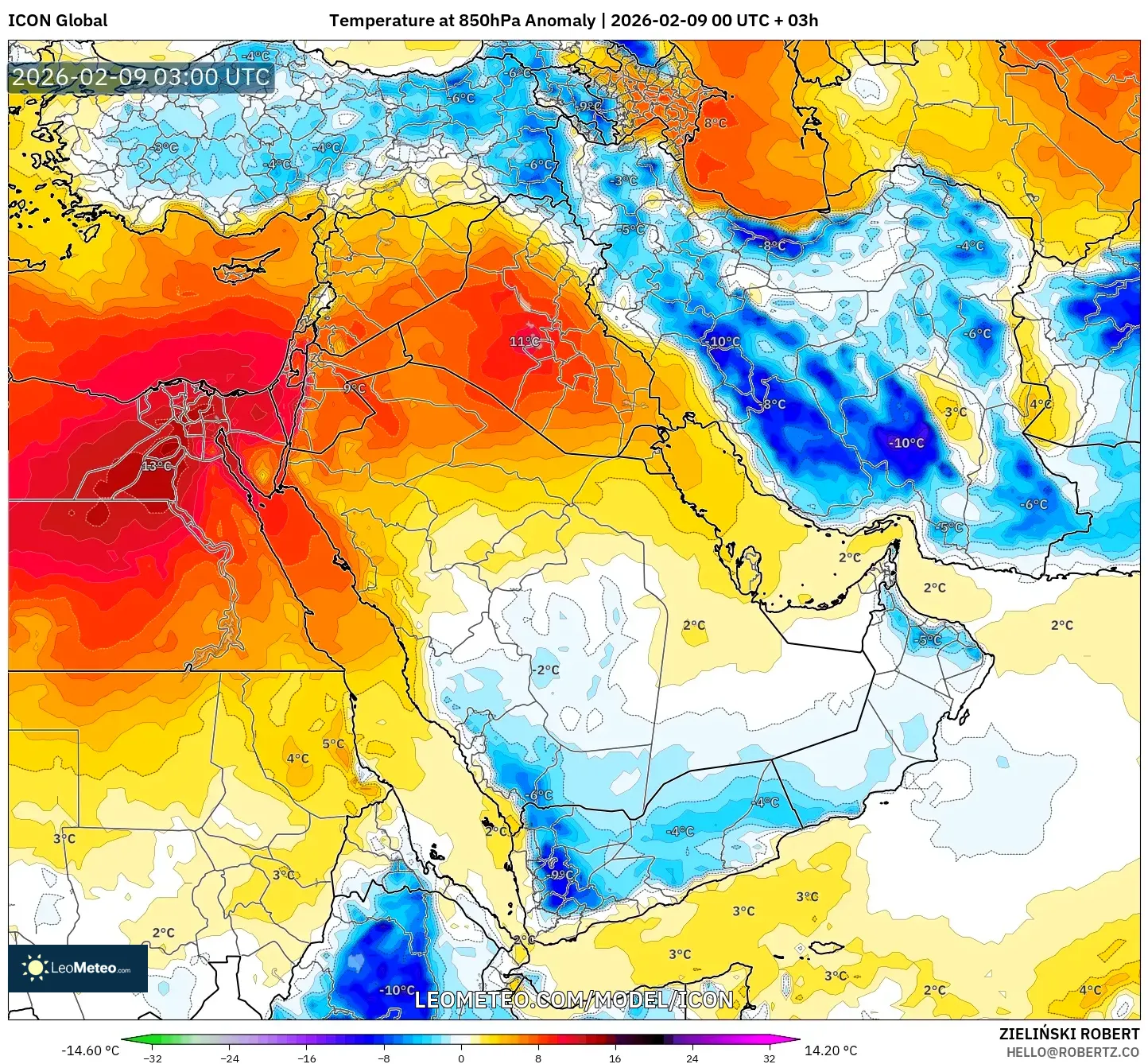 ICON model - Timur Tengah, Anomali Suhu 850 hPa