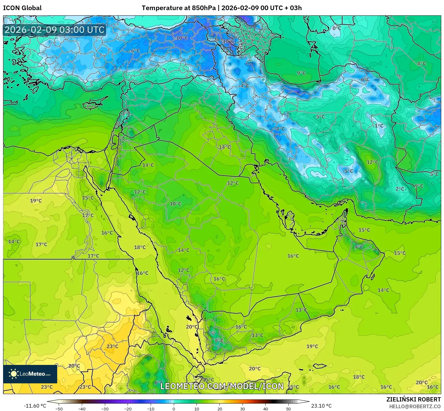 ICON model - Timur Tengah, Suhu 850 hPa