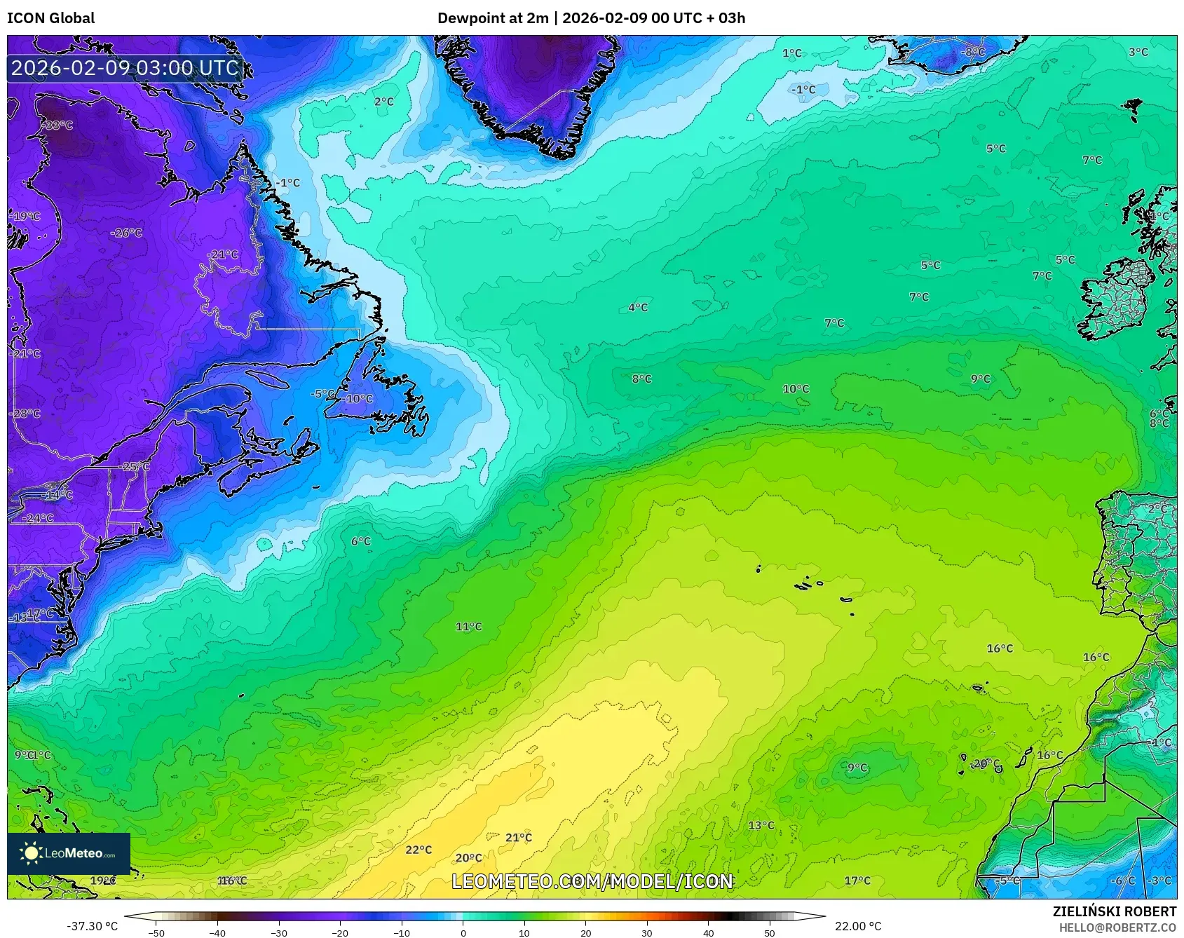 ICON model - Atlantik Utara, Takat Embun 2 m