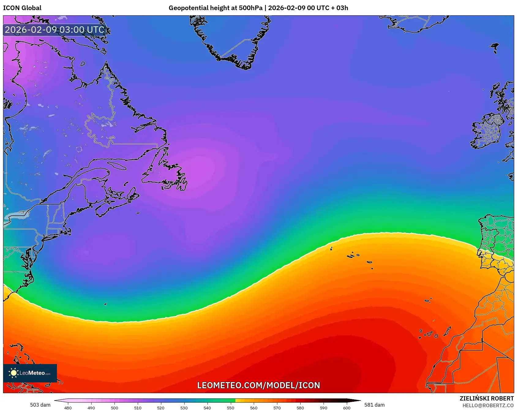 ICON model - Atlantik Utara, Ketinggian geopotensial pada 500 hPa