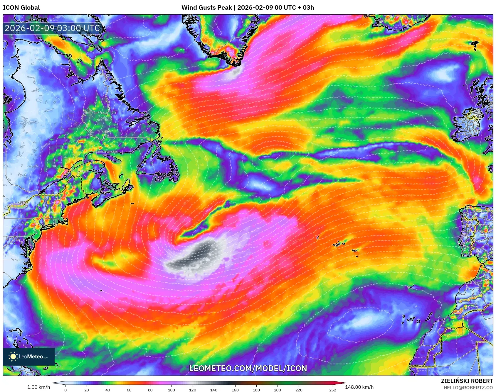 ICON model - Atlantik Utara, Hembusan Tertinggi