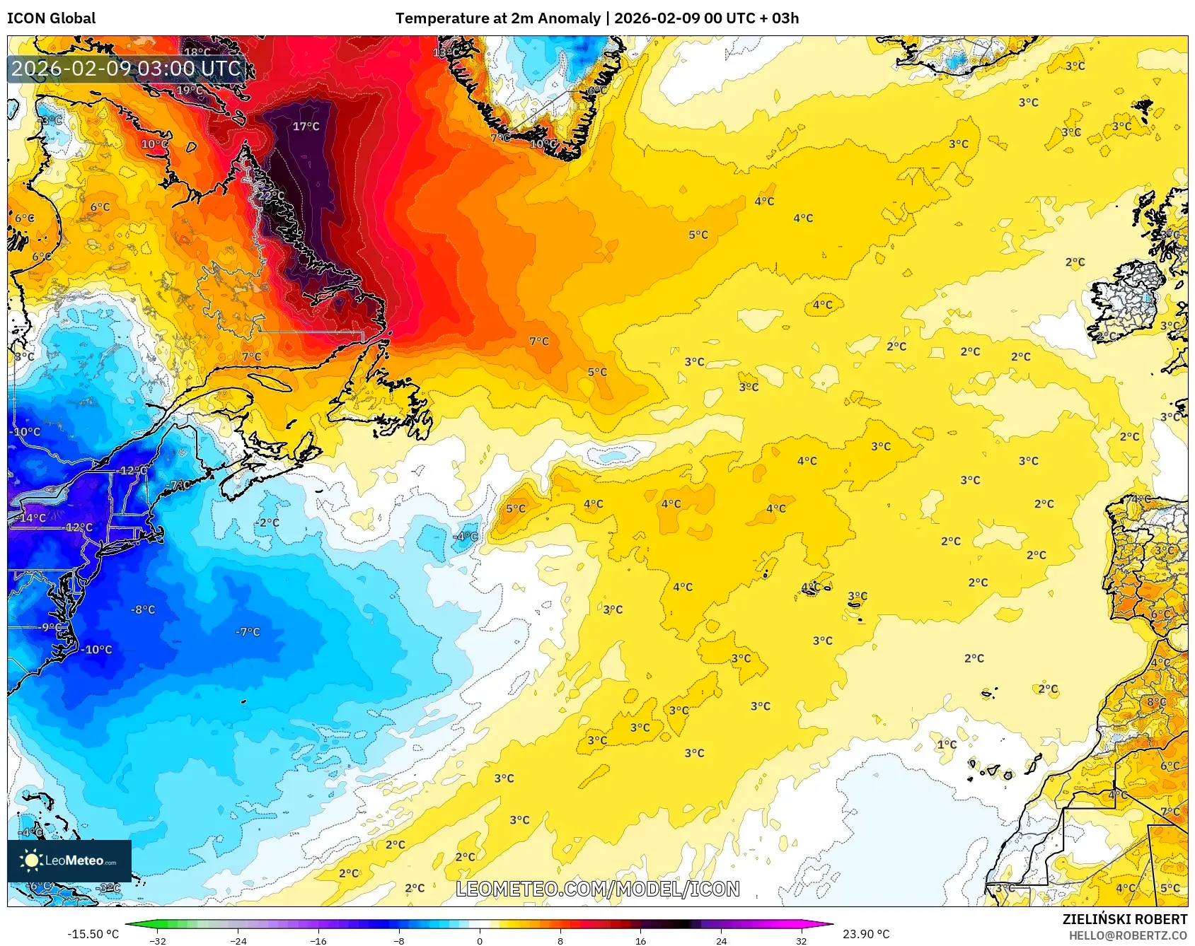 ICON model - Atlantik Utara, Anomali Suhu 2 m